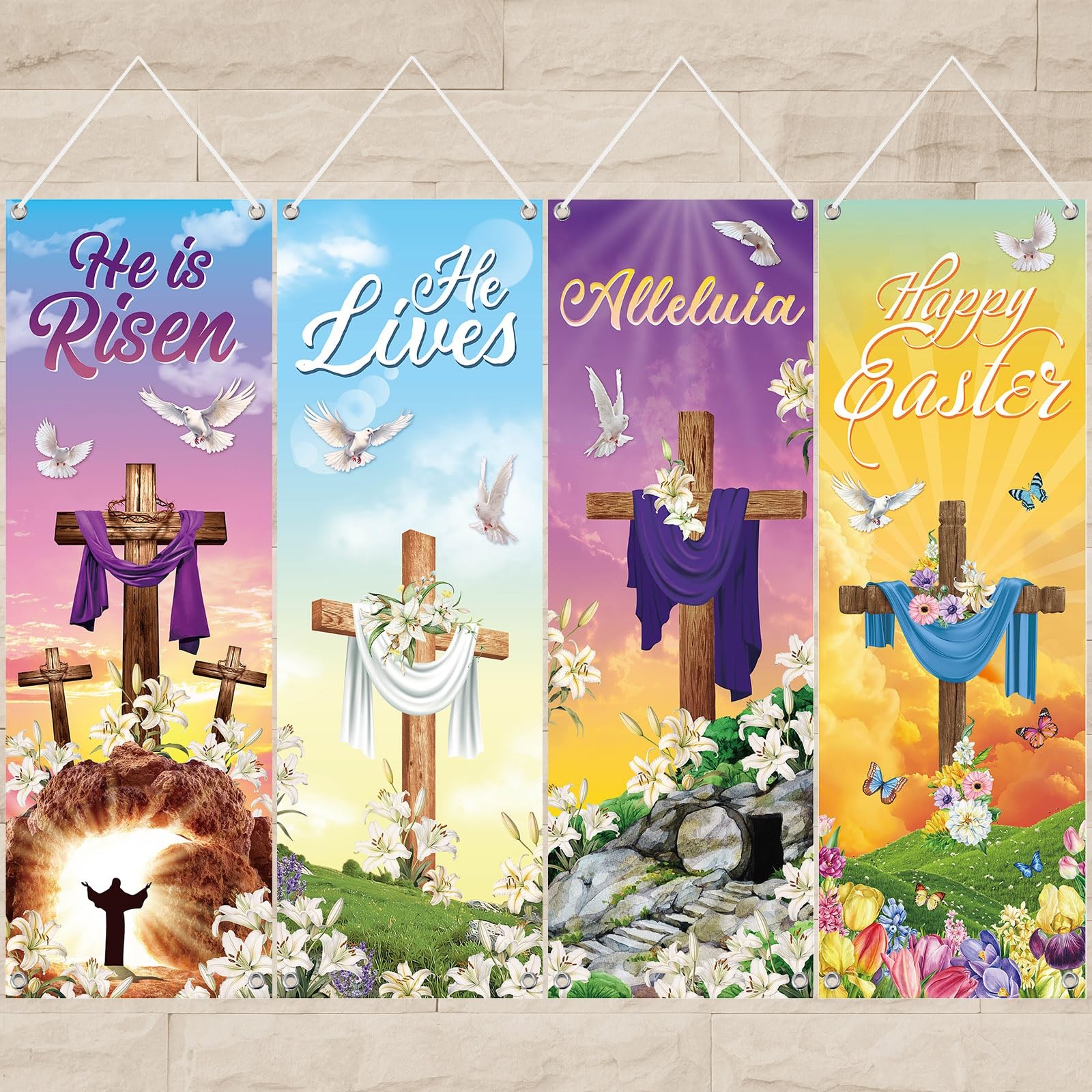 4 Pcs Easter Church Banners with Scripture Religious Worship Banner Christian…