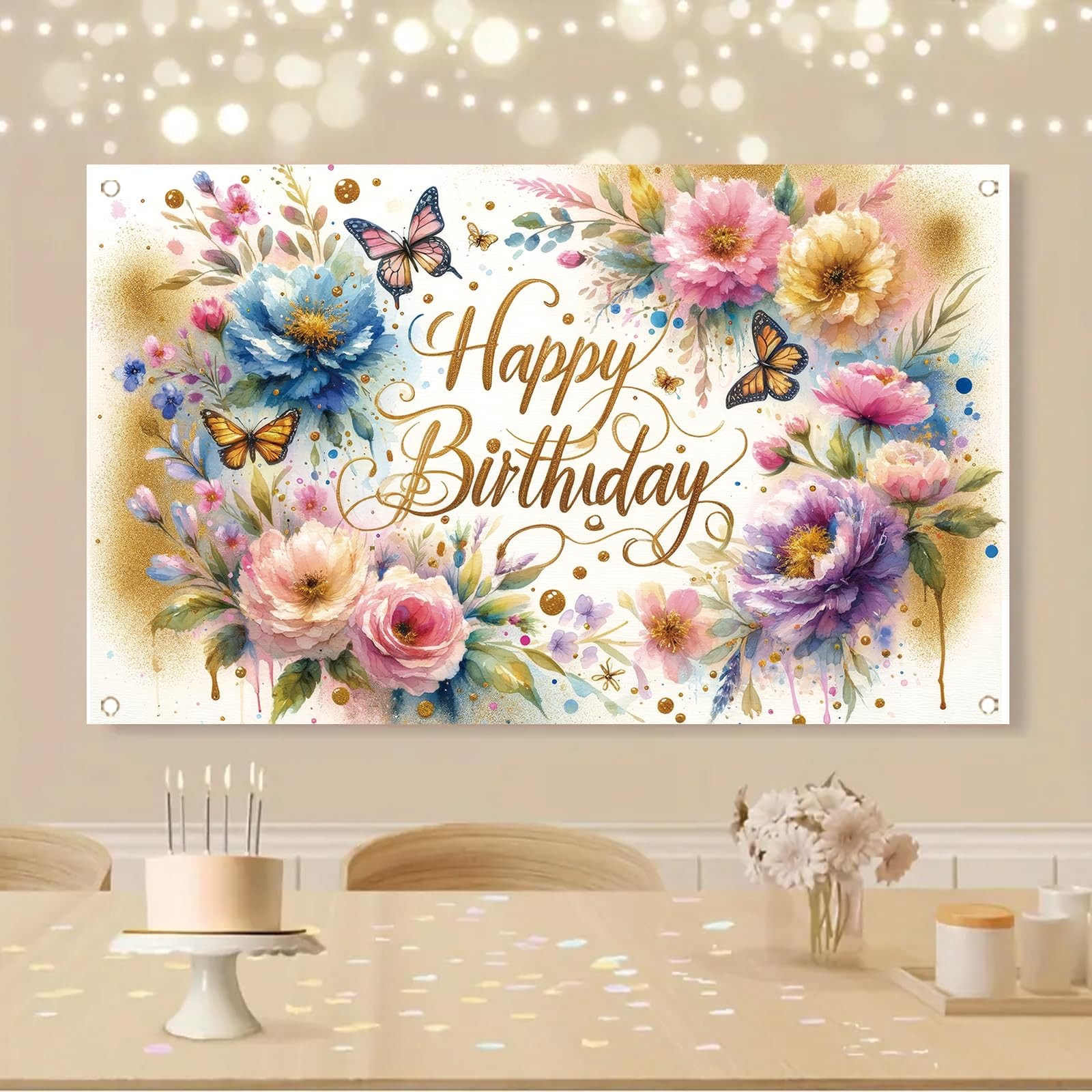Floral Birthday Backdrop for Girls 71 inches x 43 inches, Butterfly