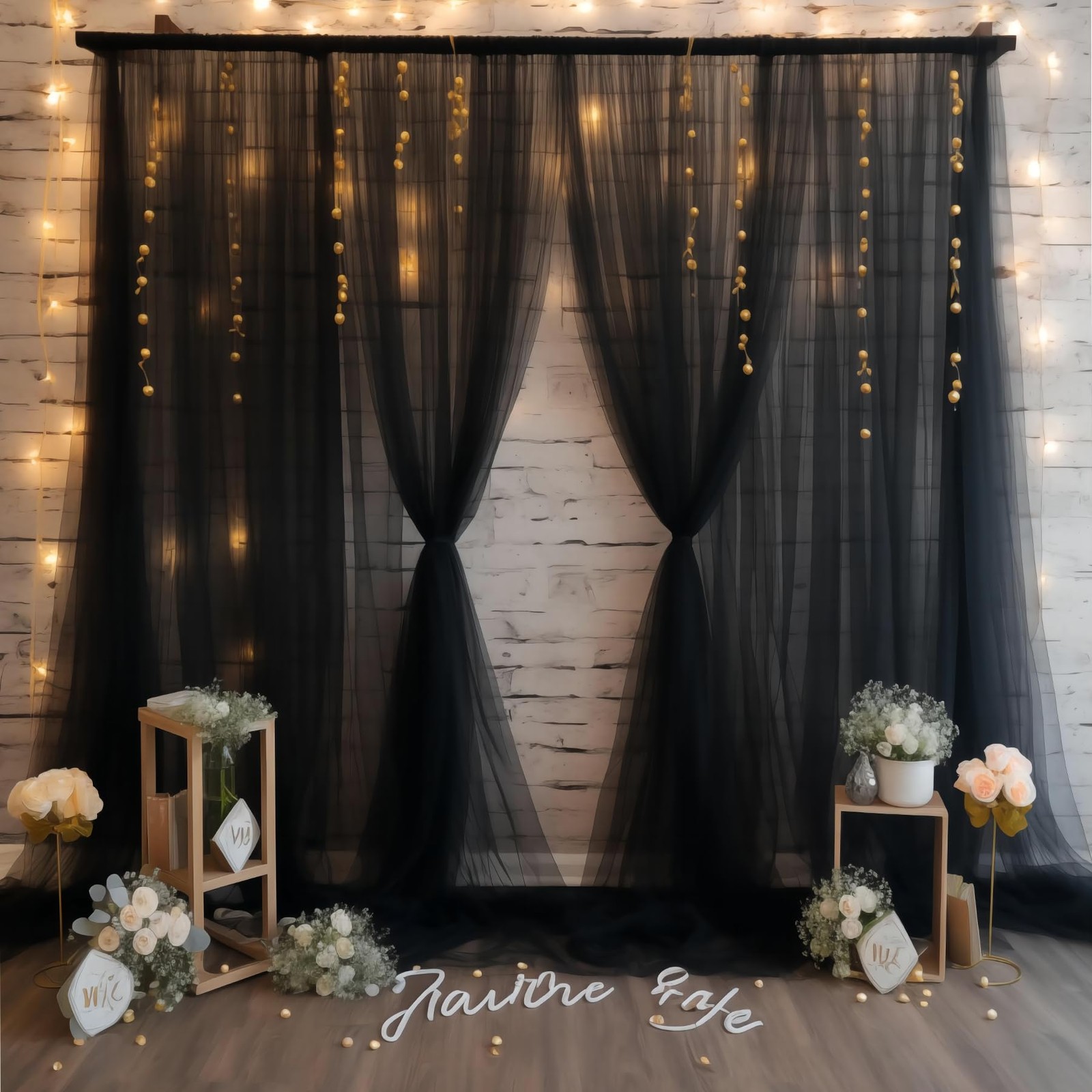 20×10 Black Tulle Backdrop Curtains Sheer Wedding Photo Background Drapes