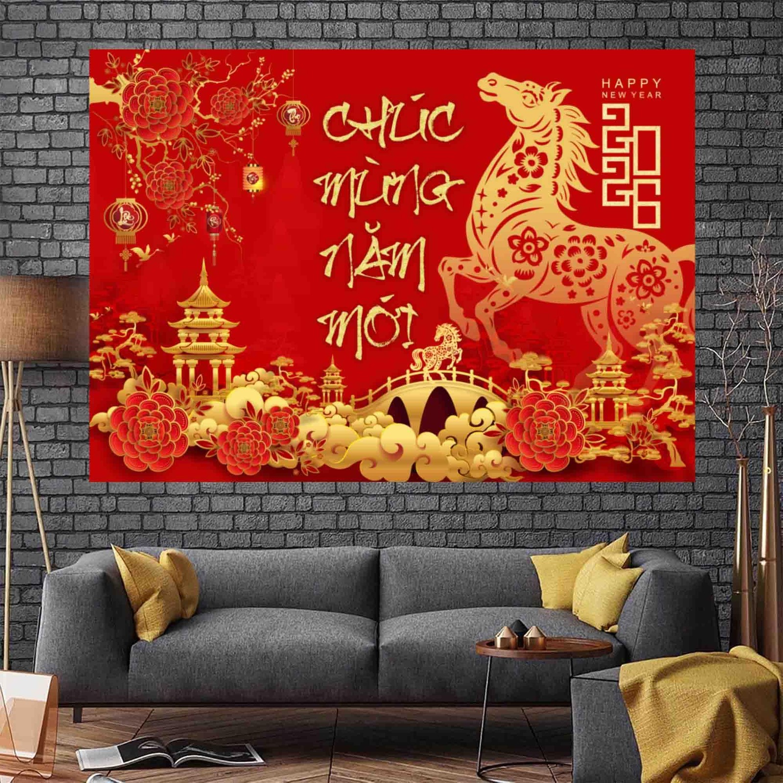 IRCOR TET Decorations 2026 Vietnamese New Year Backdrop with 12 Red 5′ x 7′