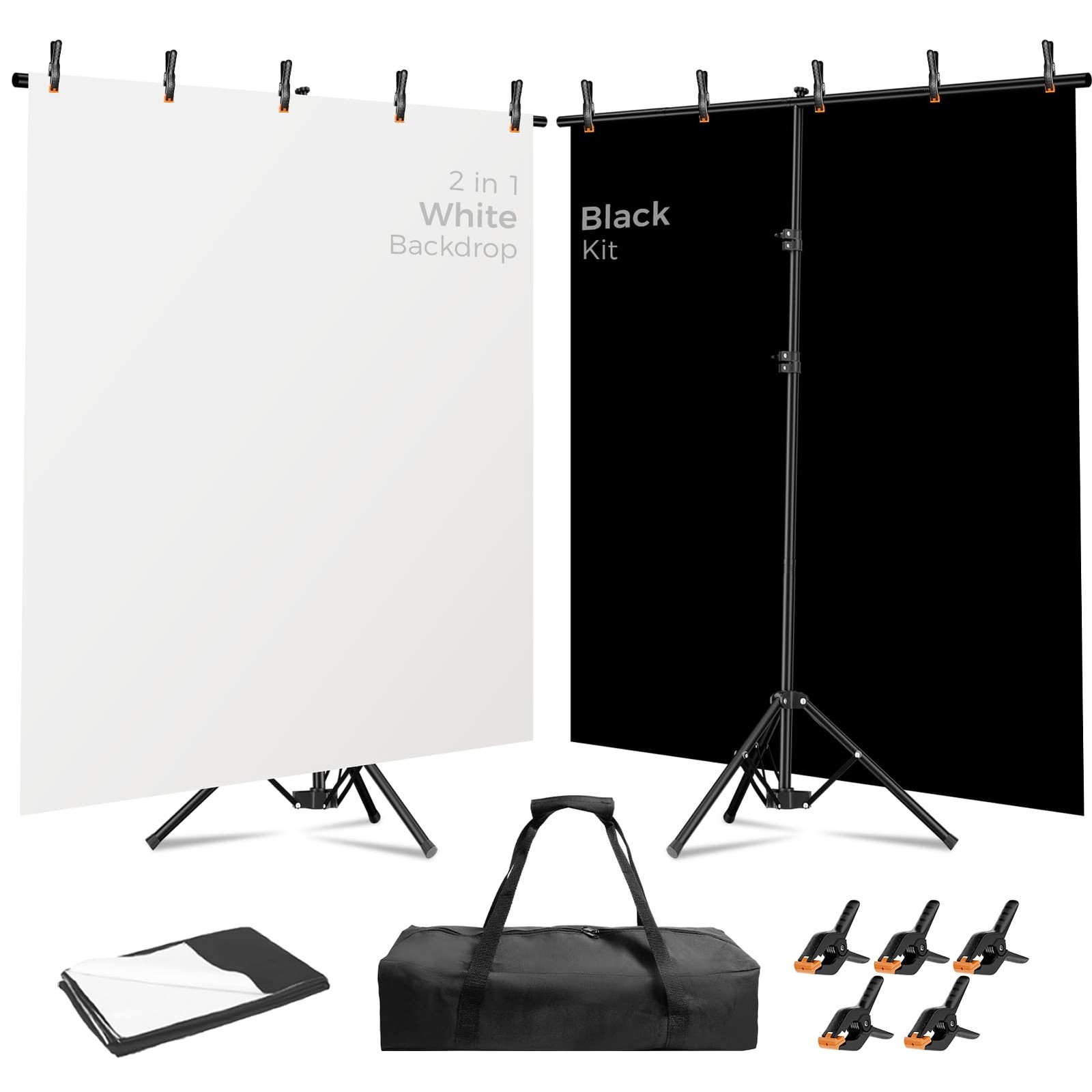 Photo Backdrop with Stand Kit 6.5x5ft, Photography Black and White 2-in-1 Rev…
