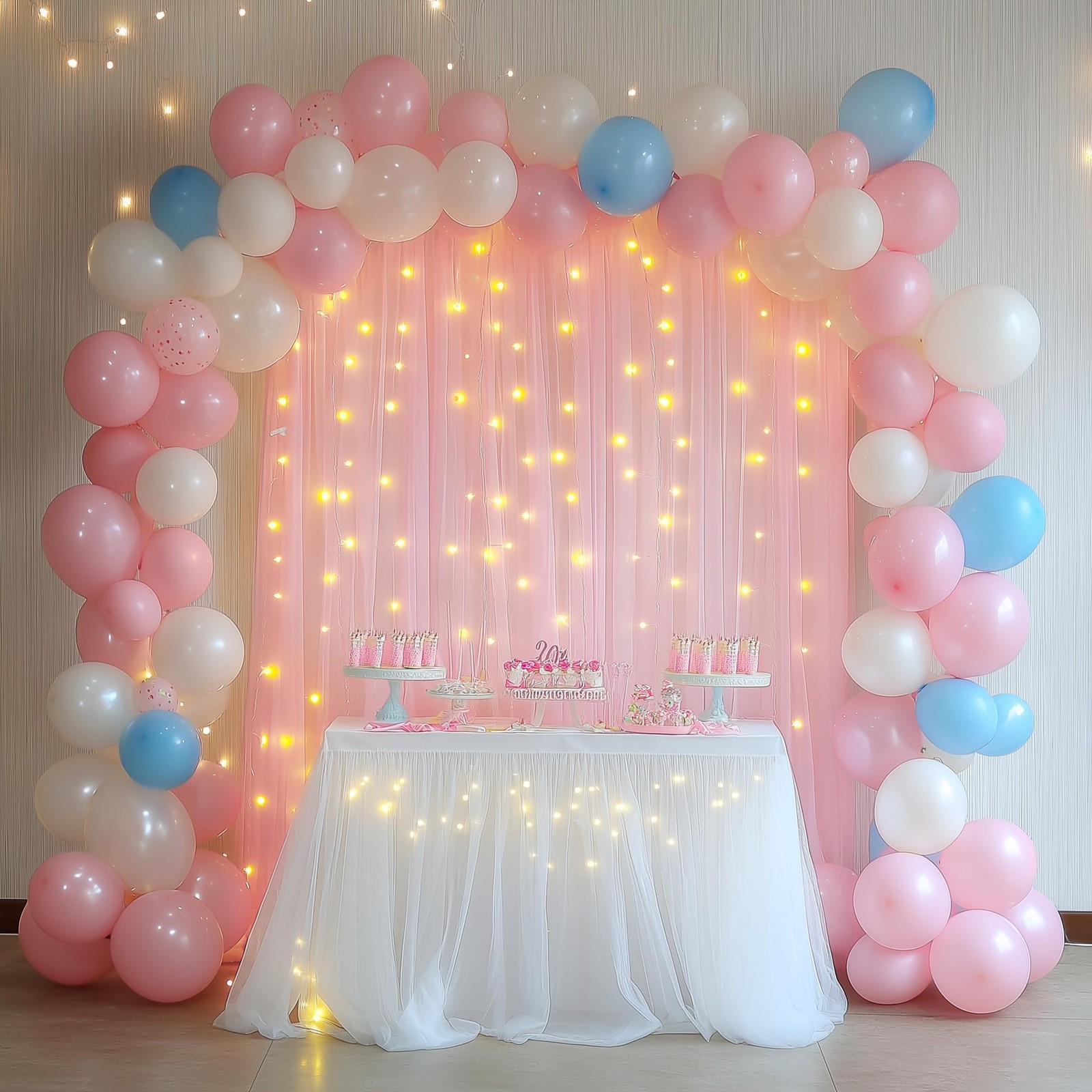 Tulle Backdrop Curtain With Lights 10x8ft Pink Sheer Wedding Party Decor
