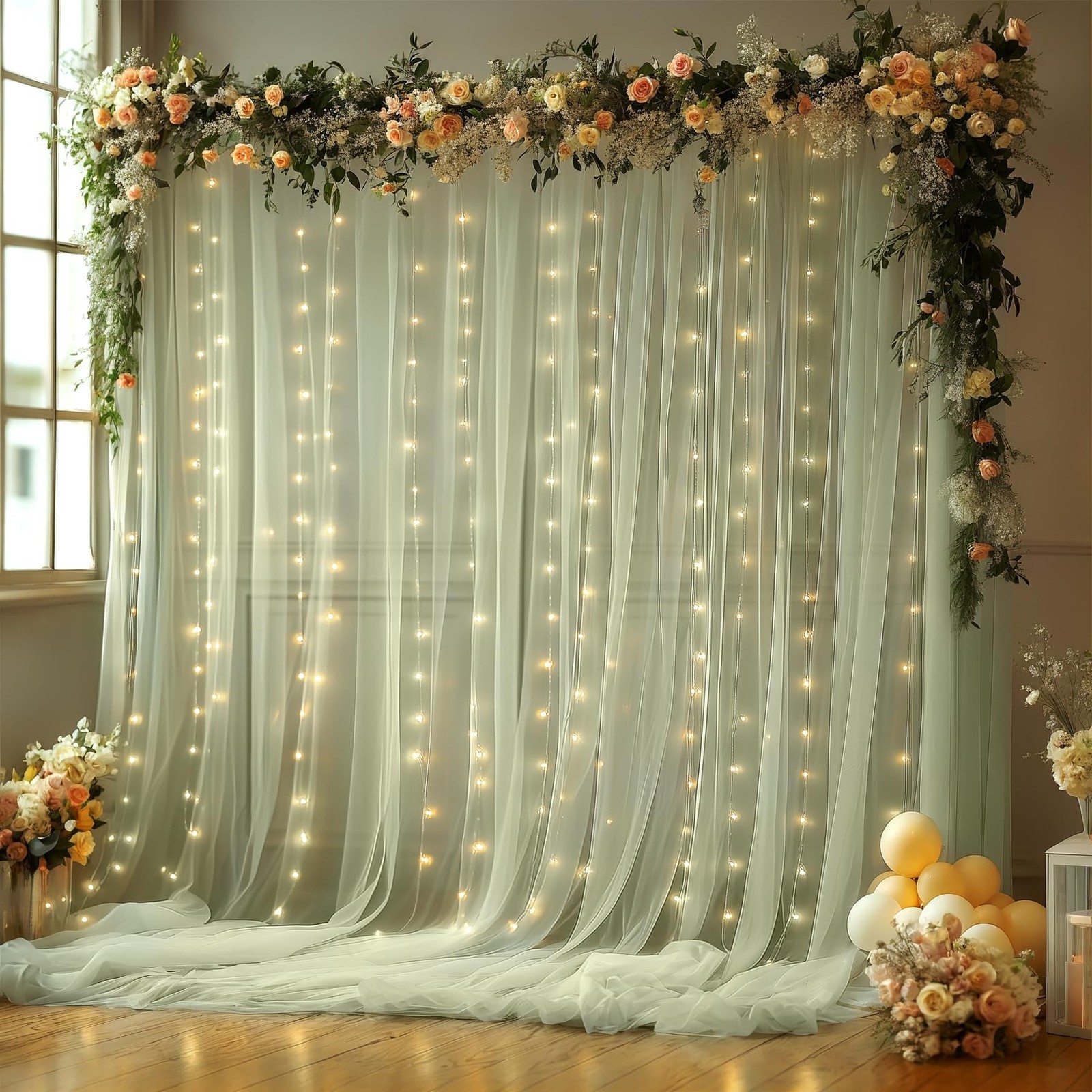 10×10 Ft Green Wrinkle Free Backdrop Curtain With Light String Wedding Party