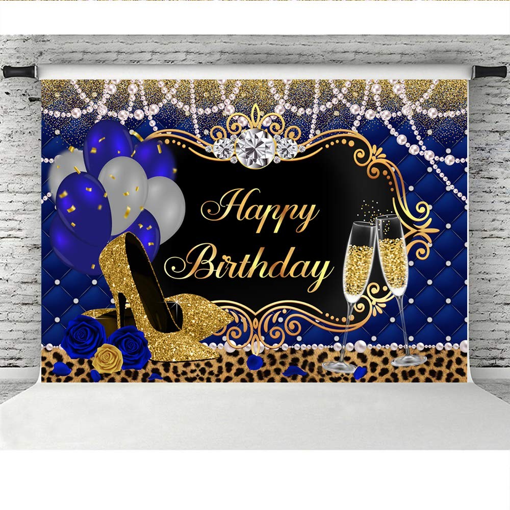 Gold and Royal Blue Birthday Backdrop for Women Happy Birthday Party Backgrou…