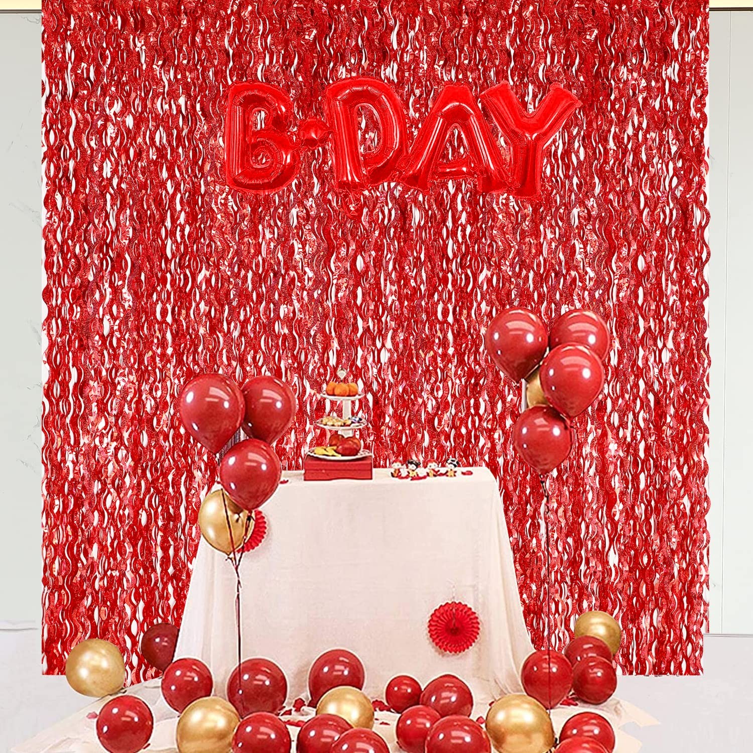 3 Pack Red Foil Backdrop Curtain, 3.3×6.6ft, Streamers, Birthday, Party