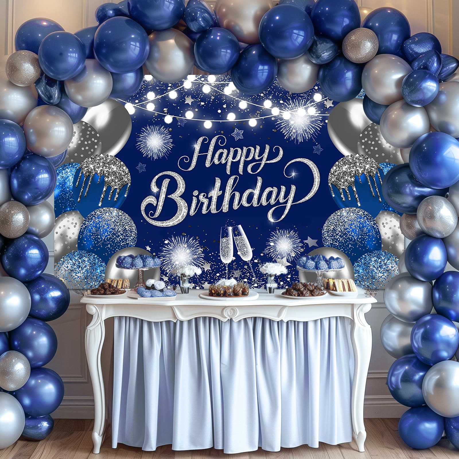Blue Birthday Banner 6×3.6 ft Blue Silver Backdrop for Men Birthday Party Dec…