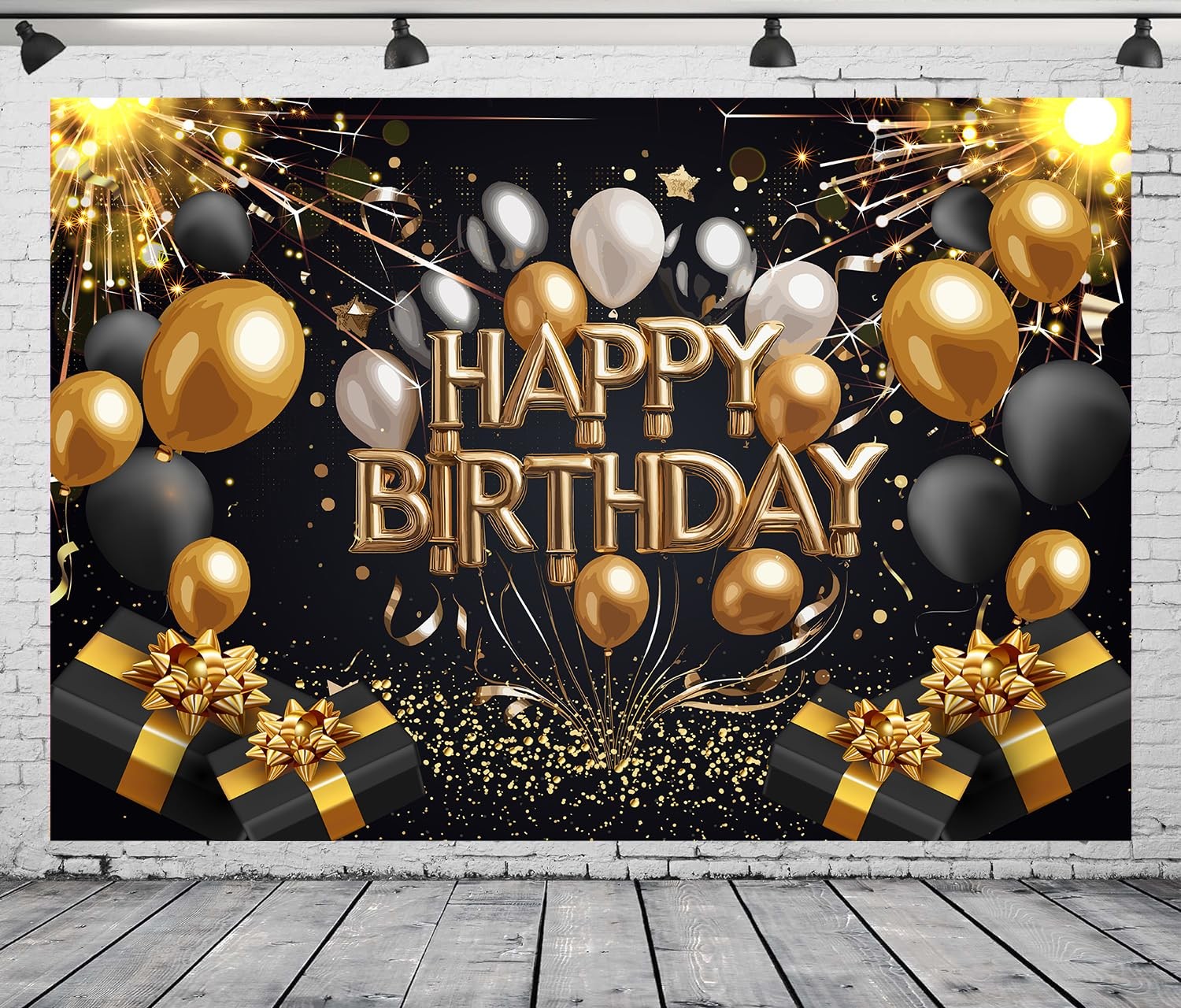 DePhoto 7x5Ft Black Gold Happy Birthday Backdrop Gold and Black Glitter Balloon