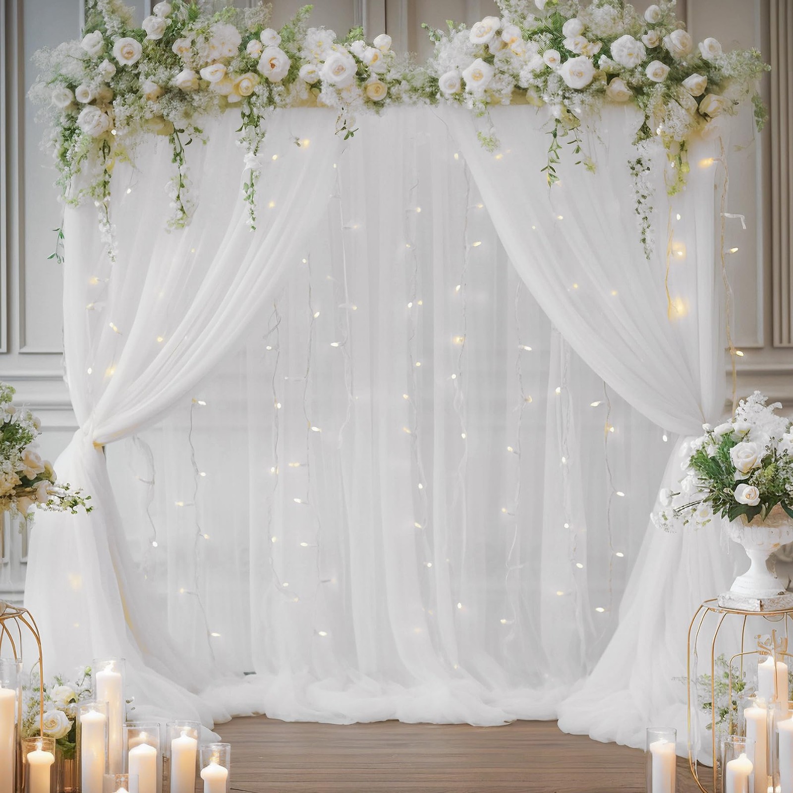 10×8 Ft White Tulle Sheer Backdrop Curtain Drape With String Light Party