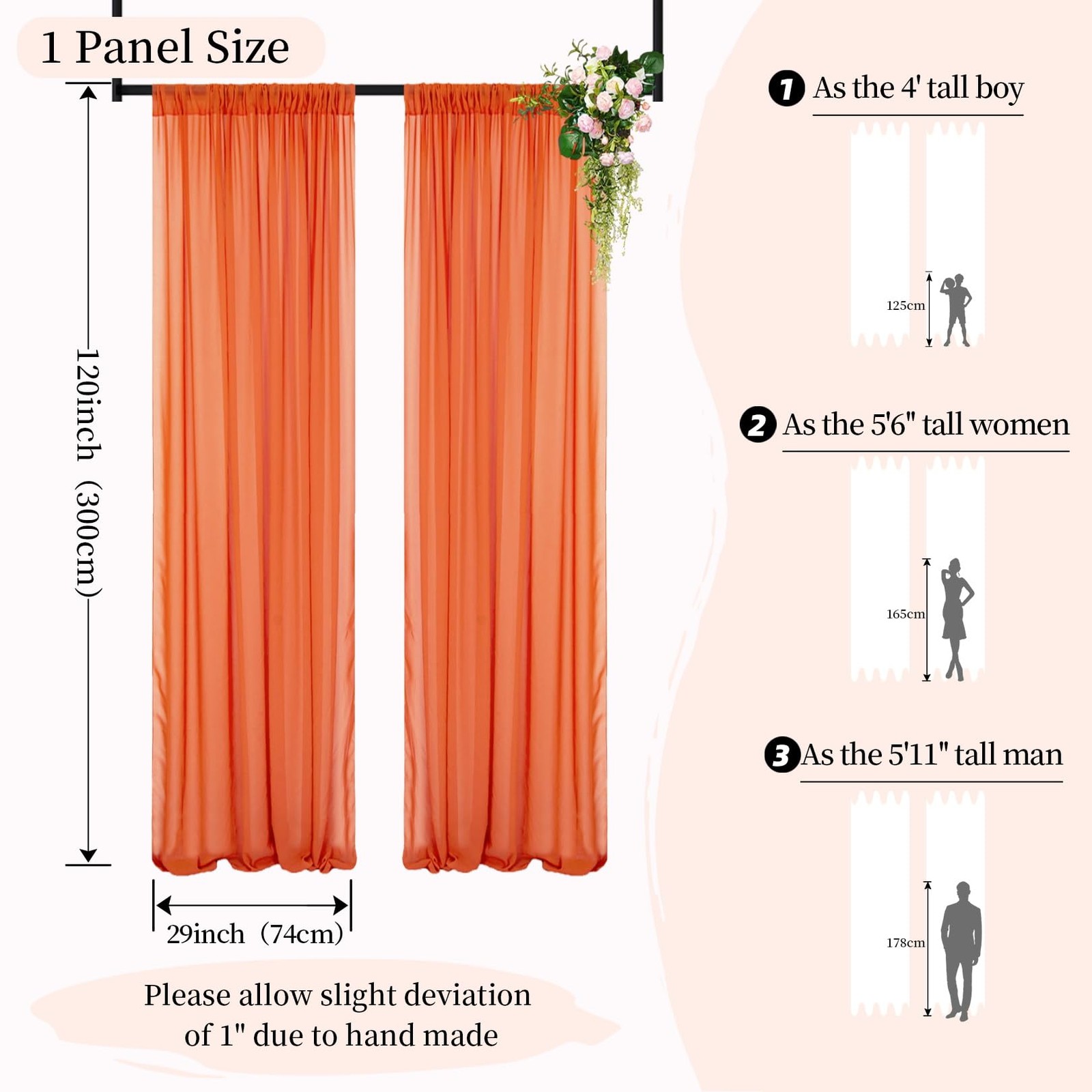 Orange Chiffon Backdrop Curtain Sheer Fabric Drapes Wedding 2 Panels 10FT