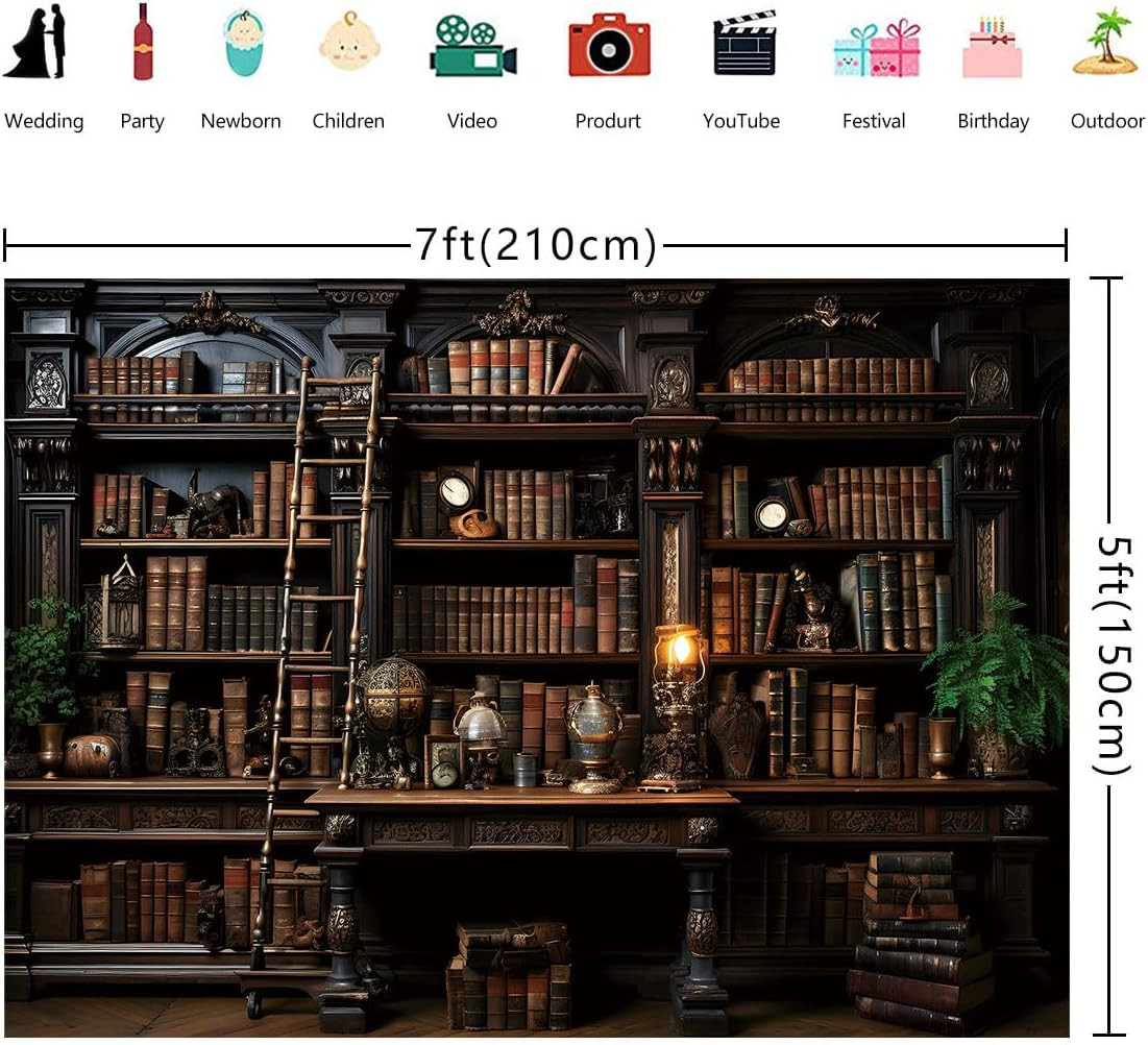 BINQOO Medieval Bookshelf Backdrop Bookcase Photography Background Bookshelf Lib