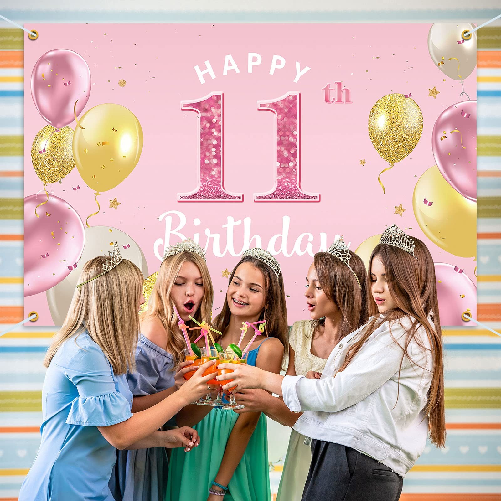 PAKBOOM Happy 11th Birthday Backdrop Banner – 11 3.9 ft x 5.9 ft, Pink