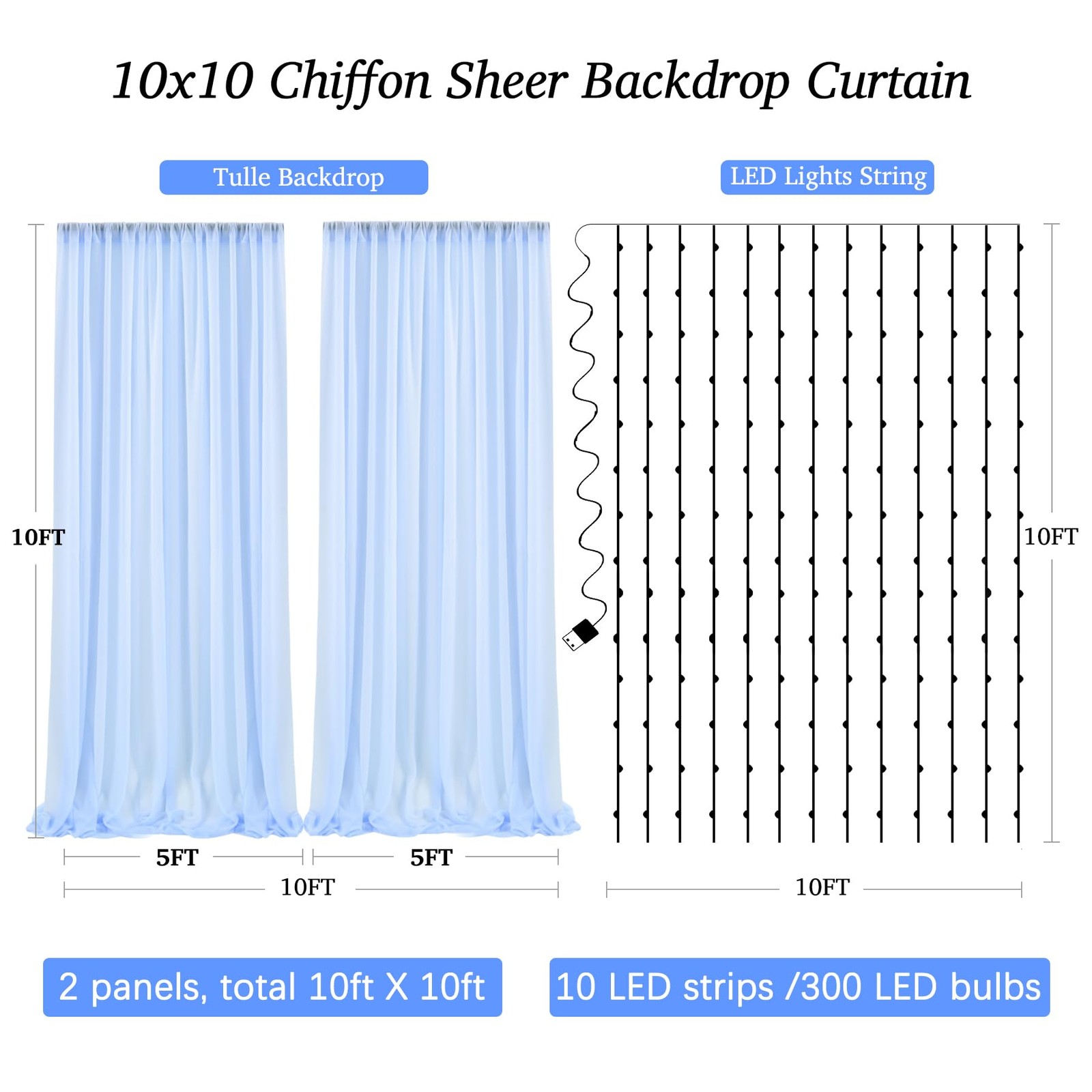 10ft x 10ft Baby Blue Chiffon Backdrop Curtain with Lights String for Parties…