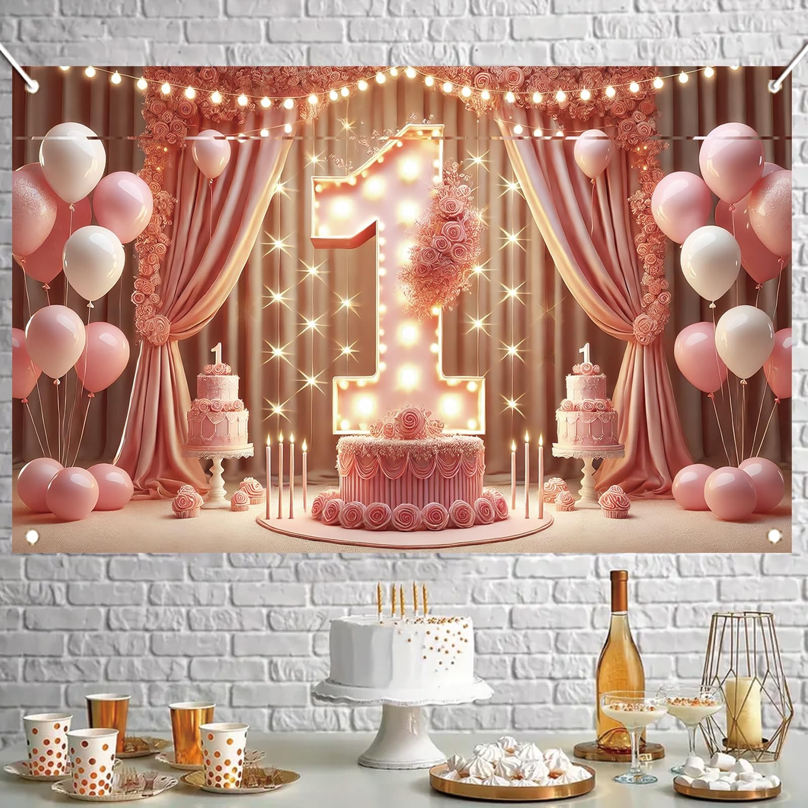 Pink 1st Birthday Backdrop 71 x 43 Inch Princess First Birthday Party Banner …