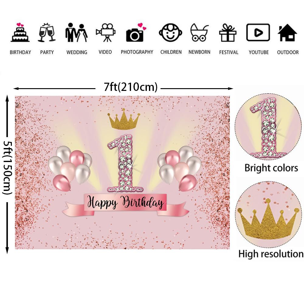 7x5ft Pink 1st Birthday Backdrop for Girls Princess 1 Year Old Birthday Party…