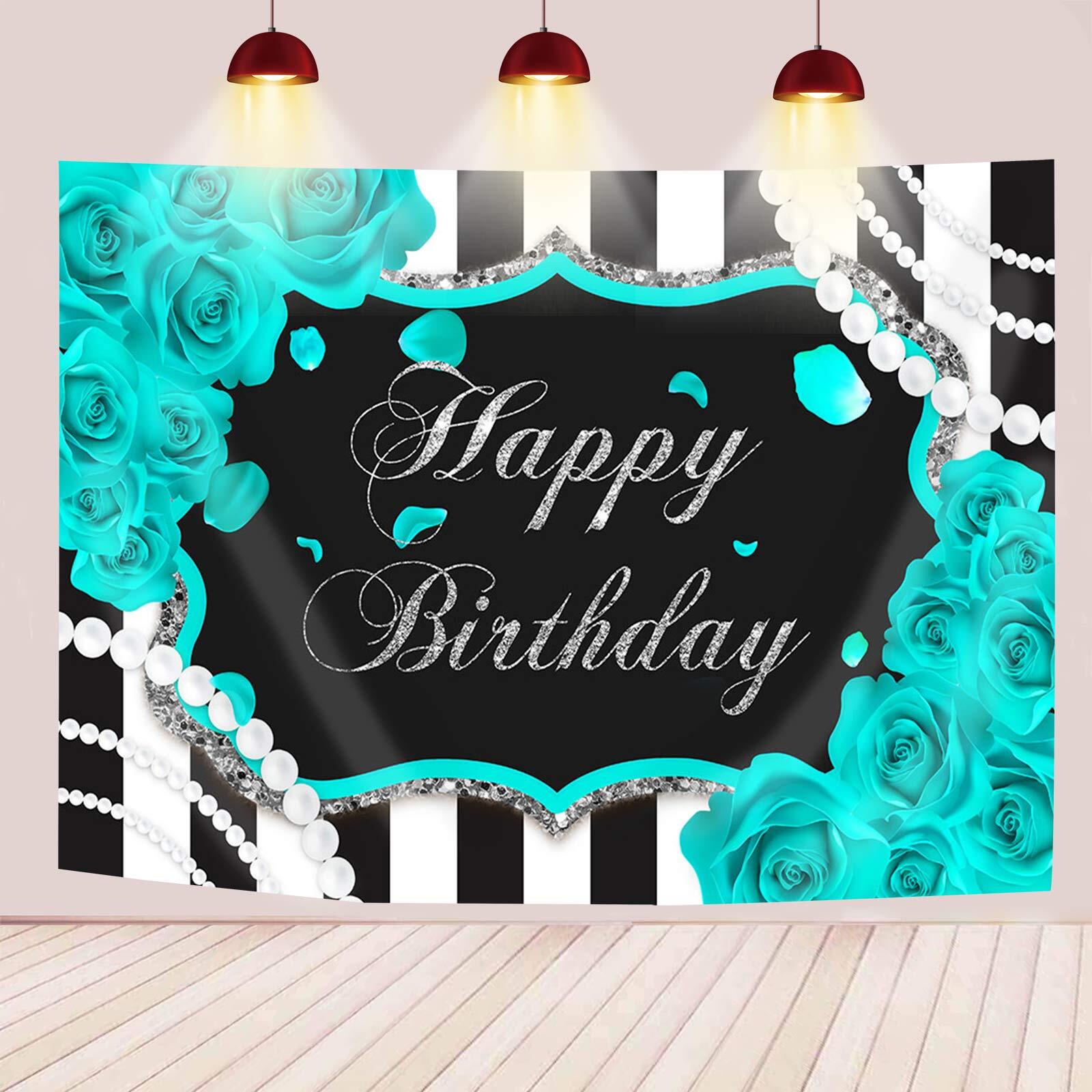 7x5ft Silver Turquoise Floral Birthday Backdrop Black and White Stripes