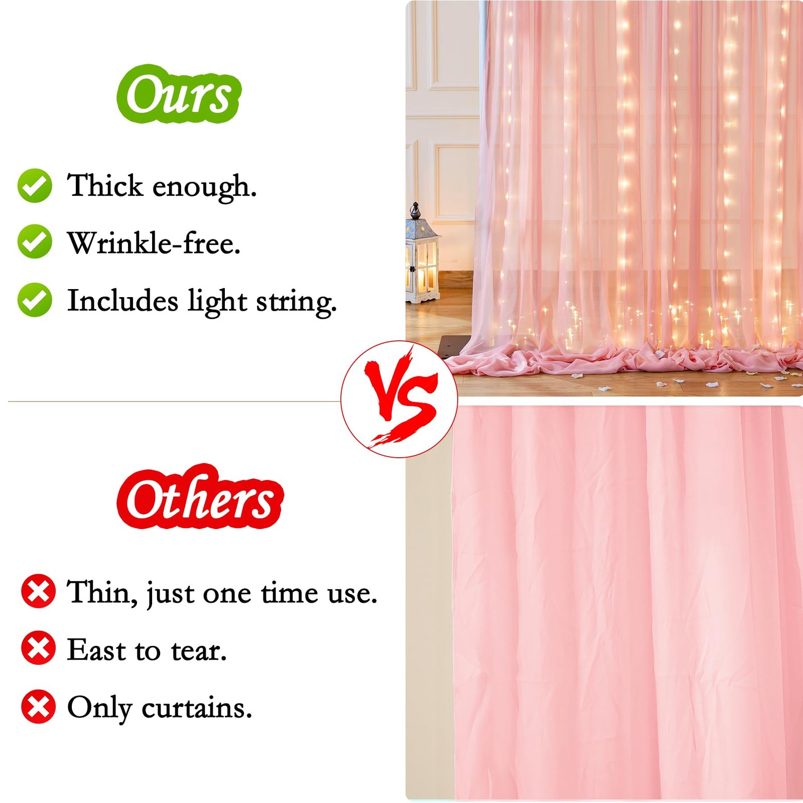 10ft x 10ft Baby Pink Chiffon Backdrop Curtain with Lights String for Parites…