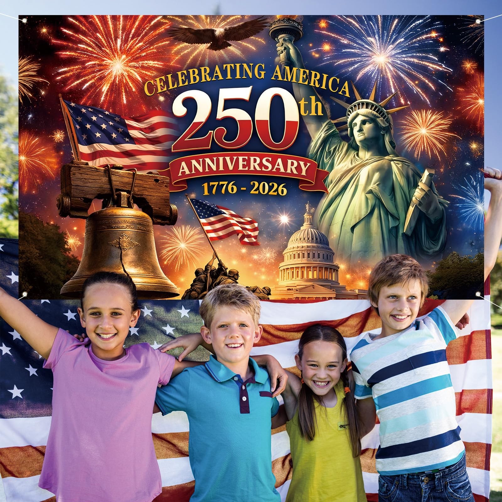 Red White and Blue American 250th Backdrop 71 inches x 43 inches, multicolor
