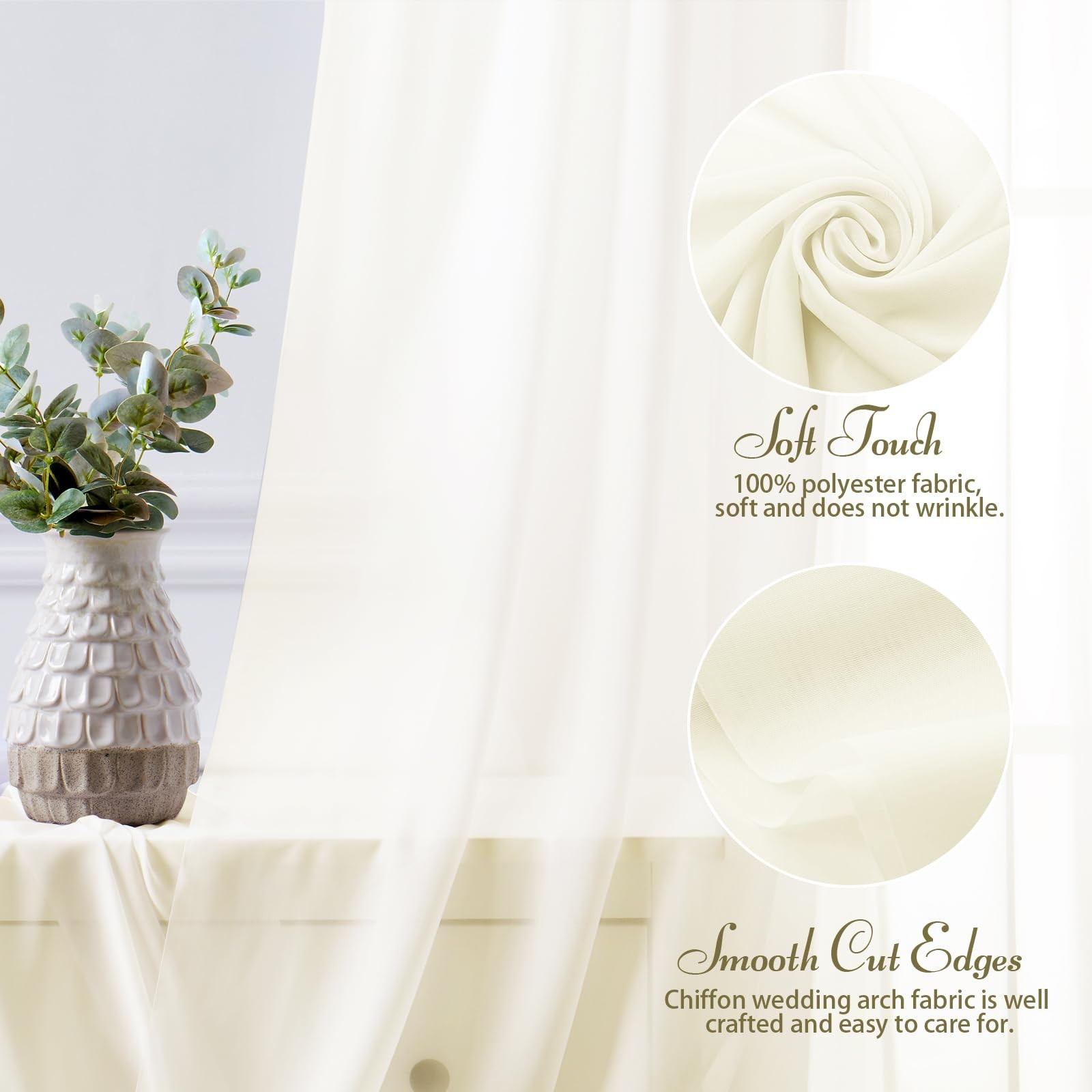 2 Panels Wedding Arch Draping Fabric 30″ x 20Ft Ivory Sheer Chiffon Fabric Ou…