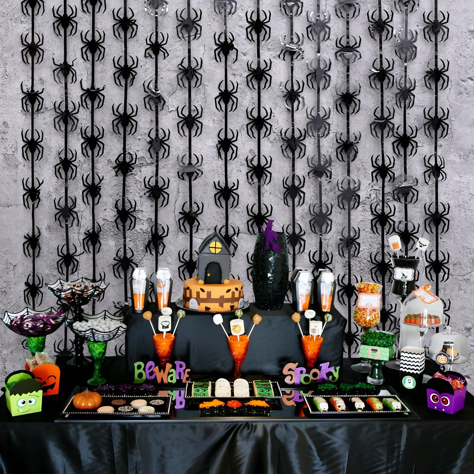 2 PCS Black Spider Tinsel Foil Fringe Curtains Photo Booth Backdrop Party Decor