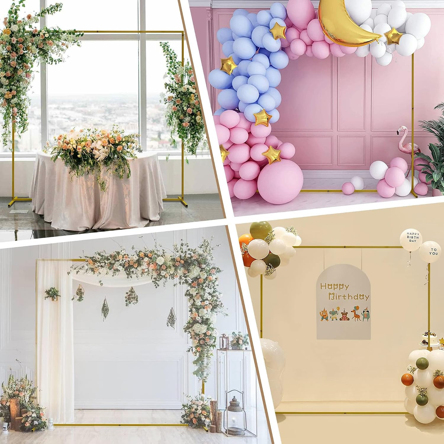 Wokceer Wedding Arch Backdrop Stand Square 6.6Ftx6.6Ft Gold Metal Balloon Arch S