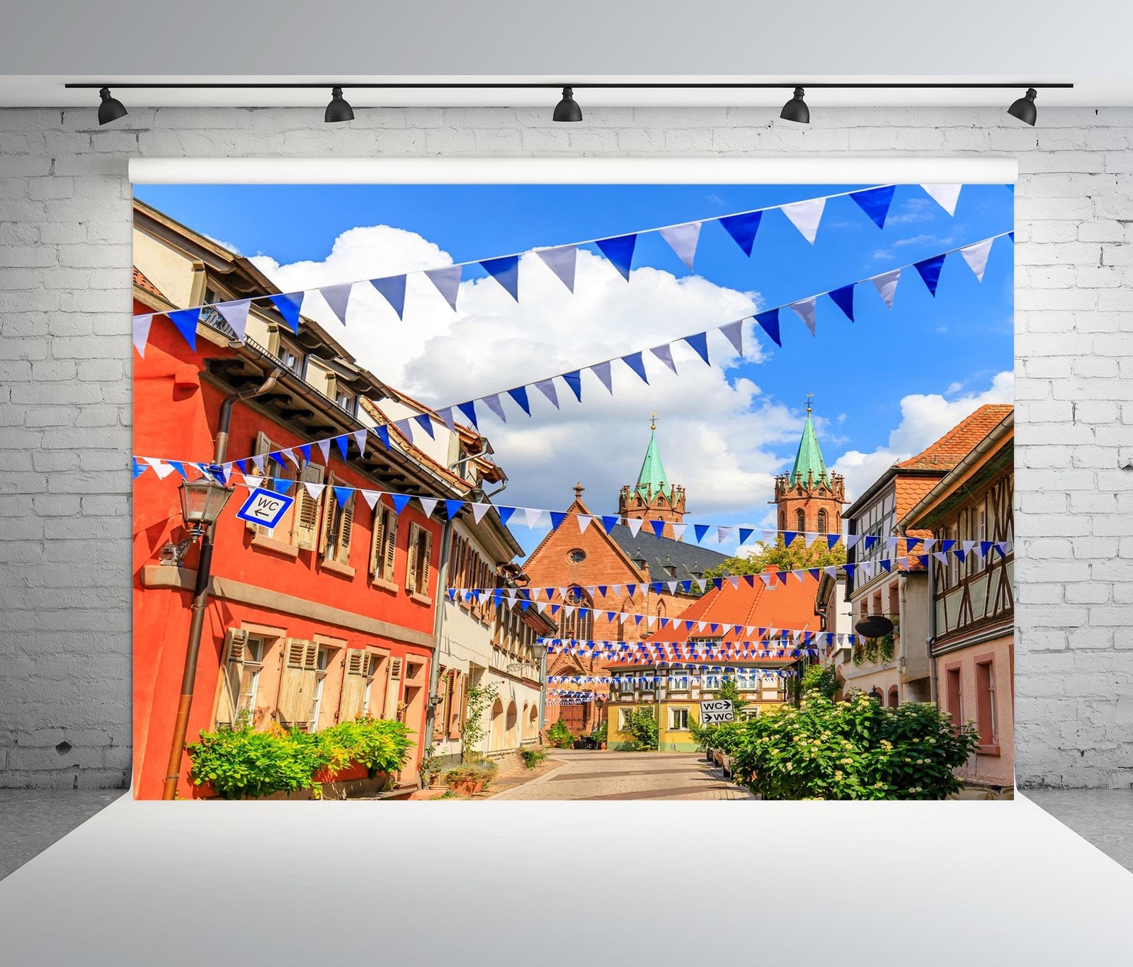 7x5ft Fabric Oktoberfest Backdrop Germany Bavaria Town Street with Bavarian Flag