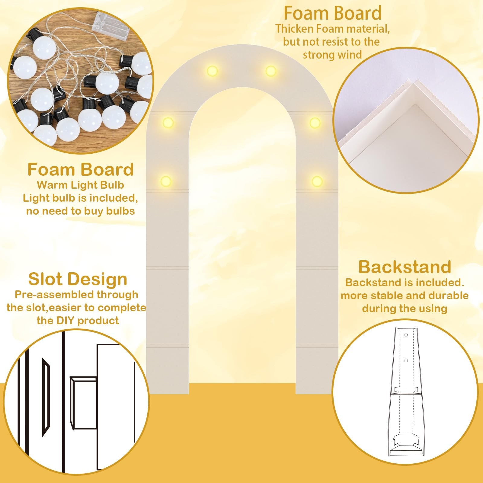 White Arch Backdrop Stand with Lights, Balloon Arch Frame, Foam Board Arch fo…