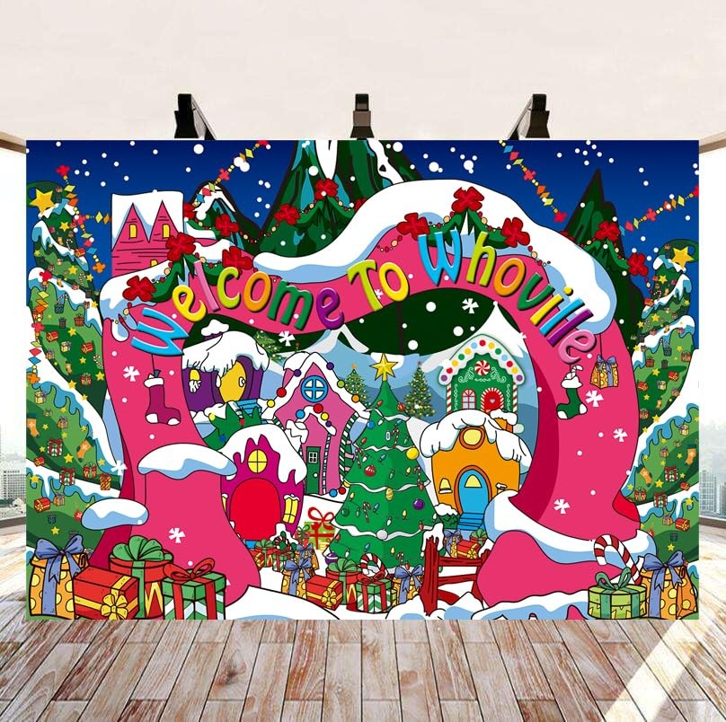 Welcome to Whoville Backdrop 7x5FT Winter Christmas Village 7x5FT, blue