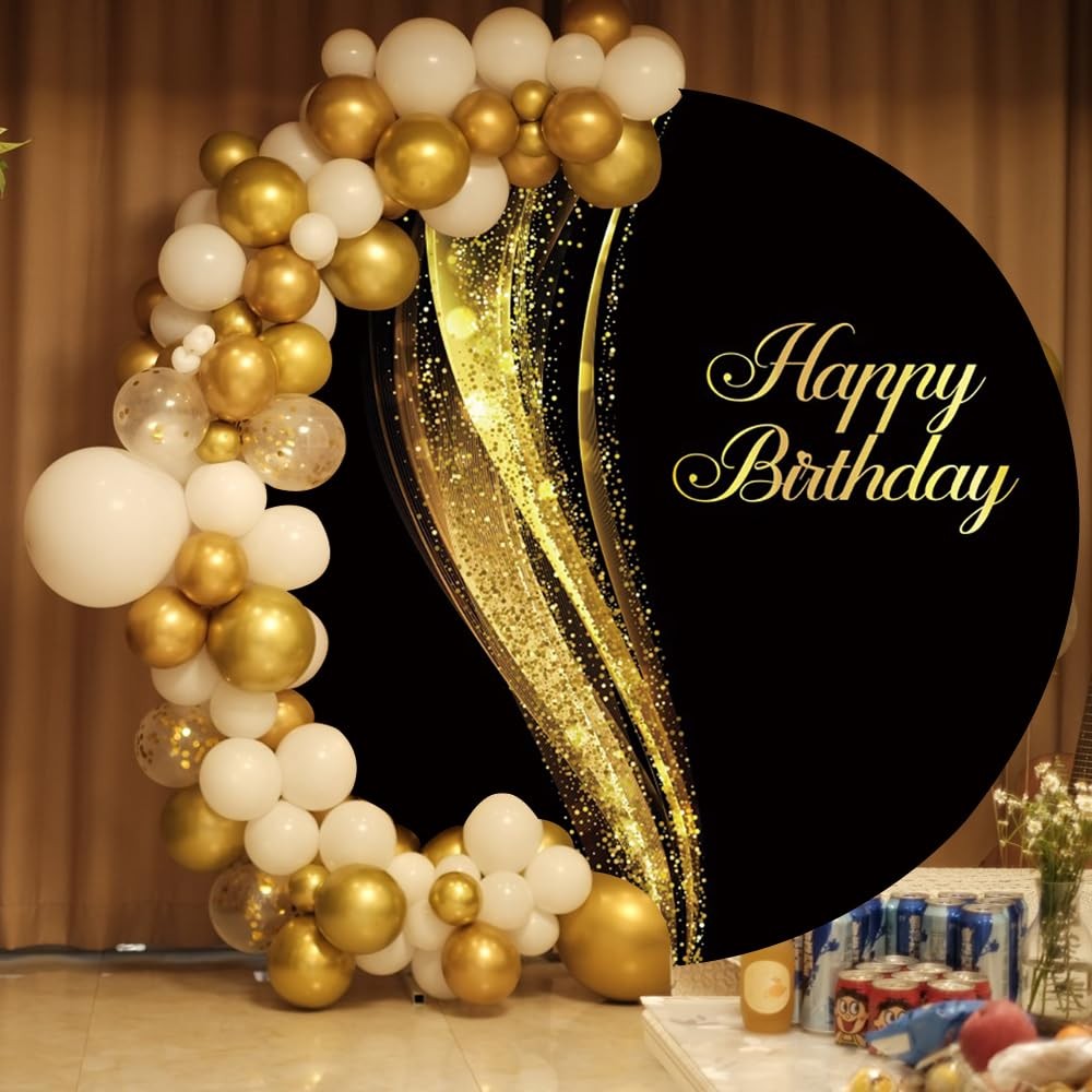 Black and Gold Round Backdrop 7.2ft Shining Fabric Happy Birthday Party Decor