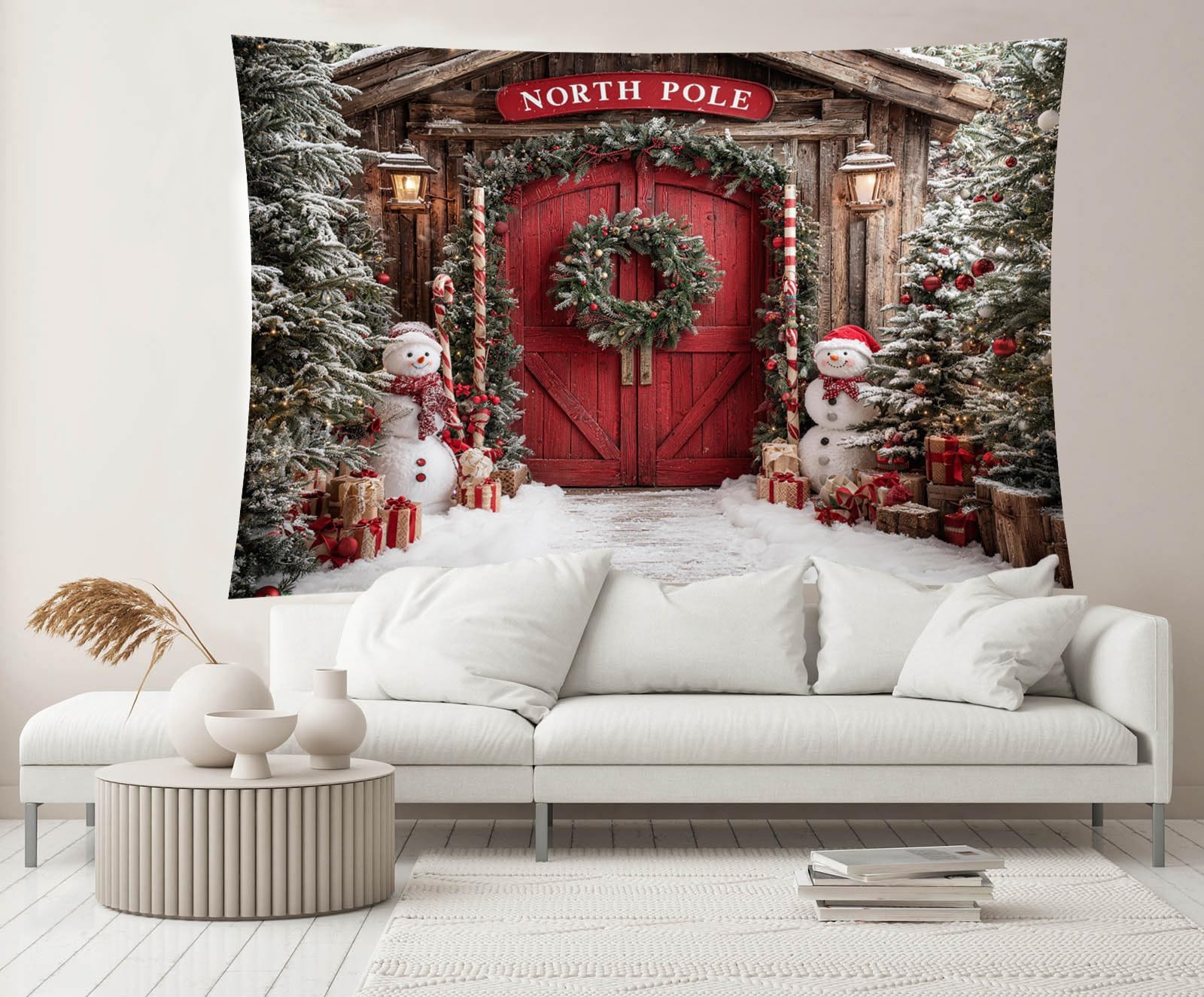 7x5FT Christmas North Pole Backdrop Snowman Tree Snowy Pine Red Wooden Door