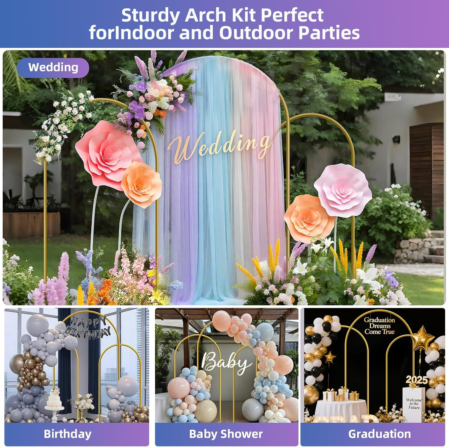 Metal Arch Backdrop Stand Set of 3, 6Ft, 6.6Ft, 7.2Ft Wedding Arch Frame for Bac