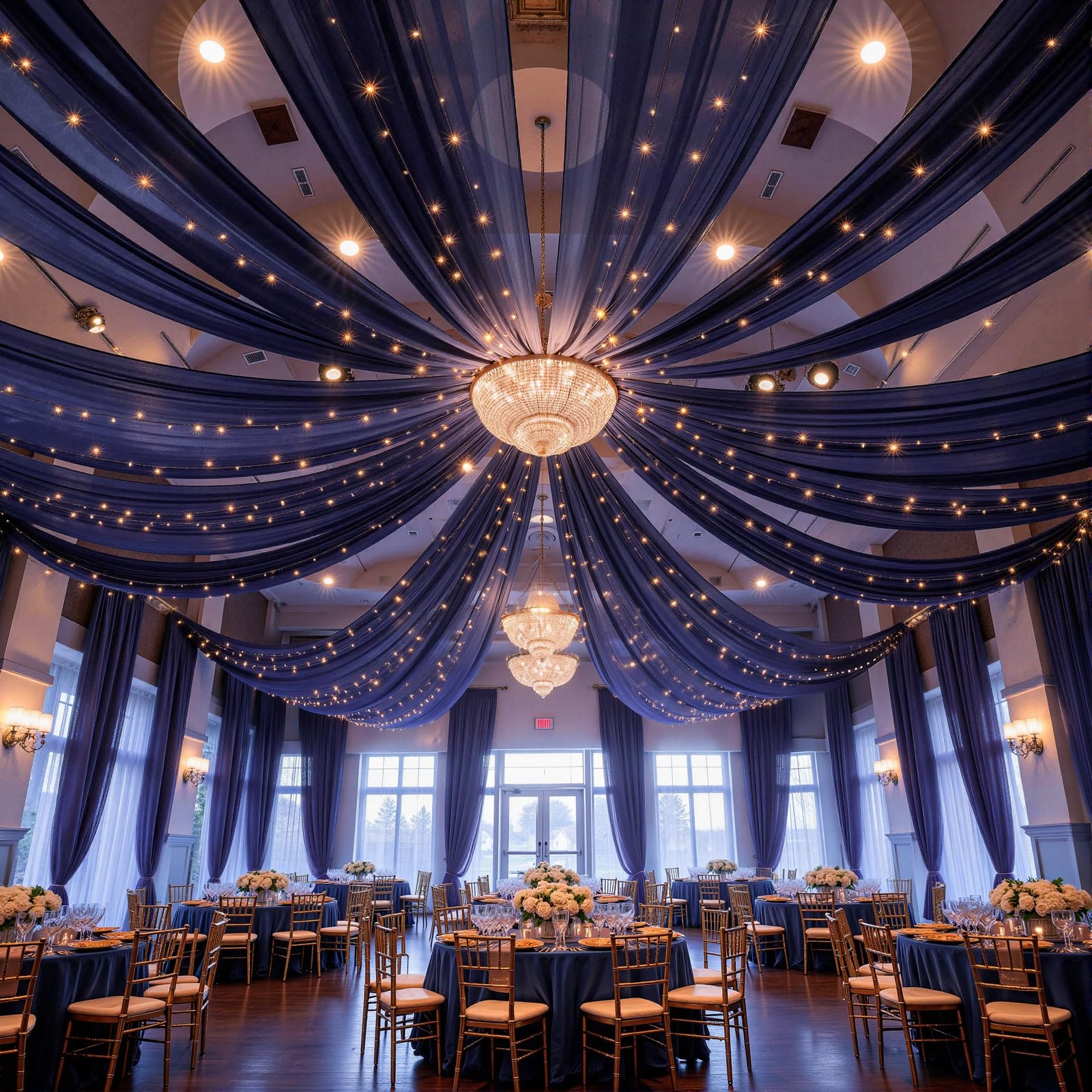 6 Panels Navy Blue Ceiling Drapes with Lights for Weddings Ceiling Drapes 5ft…