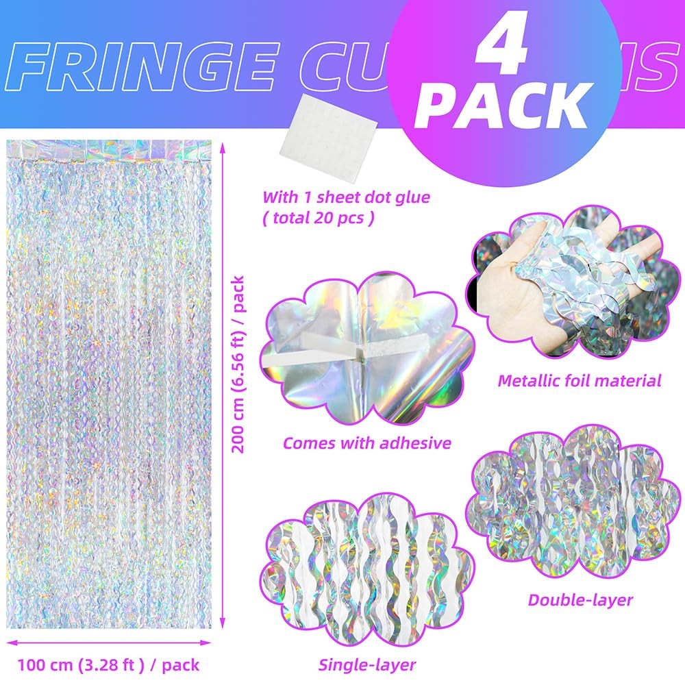 4 PCS Silver Glitter Foil Fringe Curtain 6.56×3.28 FT Wave Tinsel Backdrop