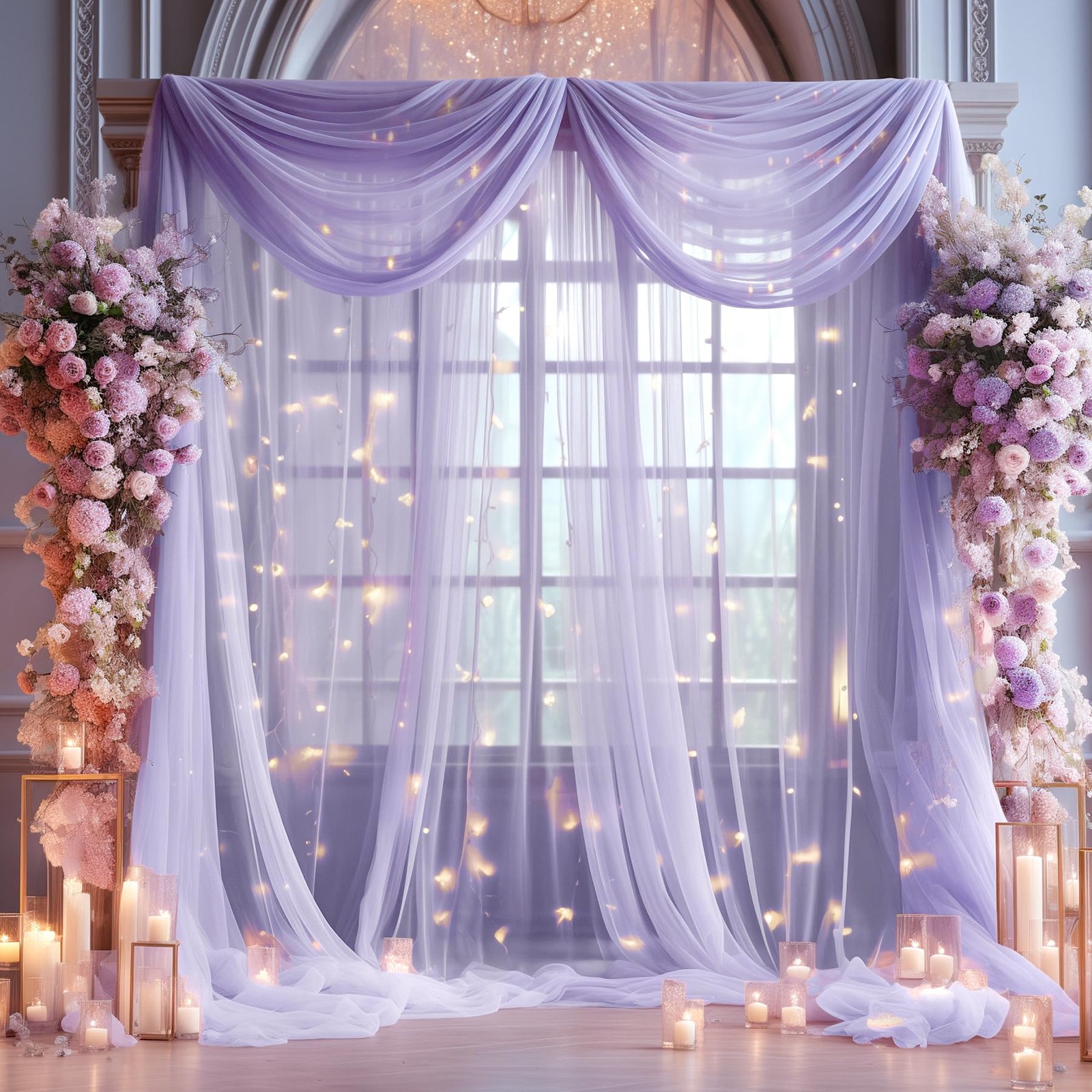 10x10ft Purple Tulle Backdrop Curtain with Lights String for Parites, Sheer P…