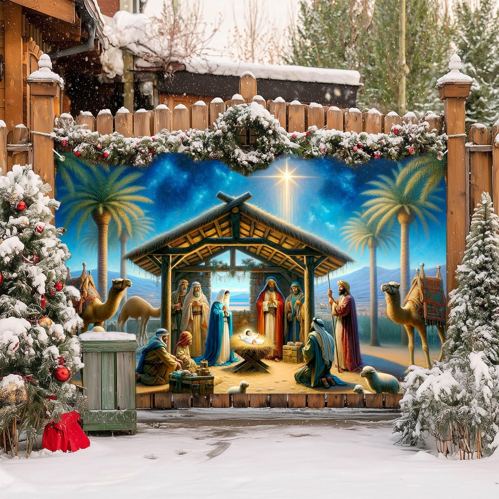 Nativity Scene Christmas Banner 71×43 Inch Holy Night Jesus Birth Backdrop wi…