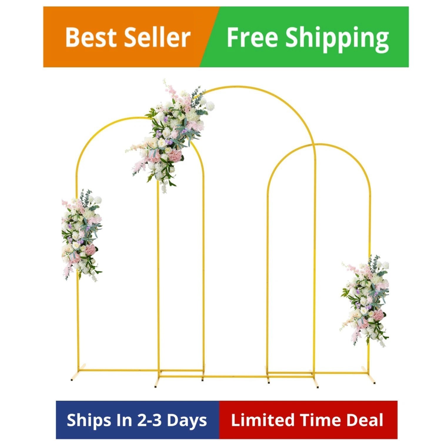 Metal Arch Backdrop Stand Set of 3 7.2FT, 6.6FT, 6FT Gold Arched Frame for We…