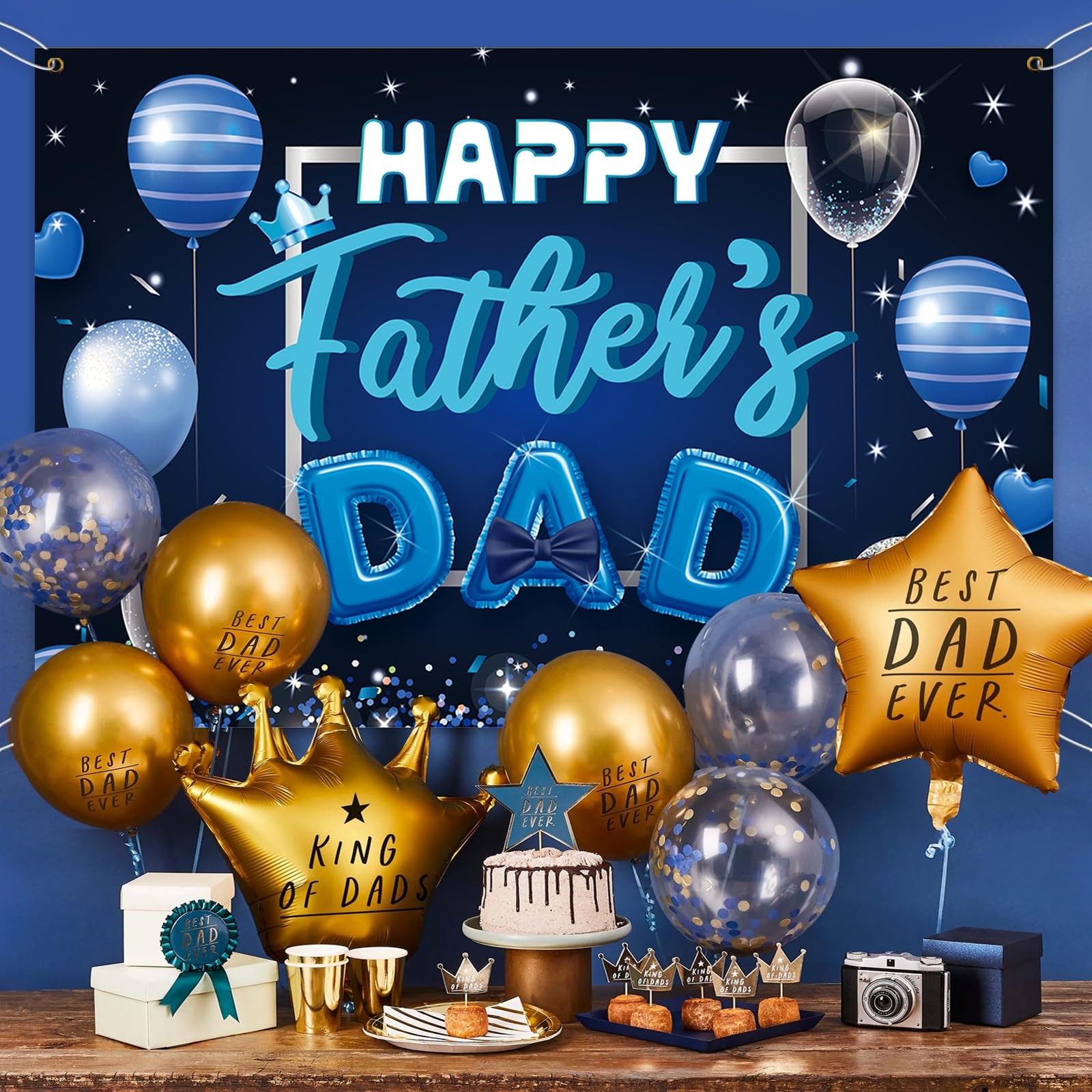Happy Father’s Day Backdrop Banner -Blue Theme Fathers Day Photo Booth Props