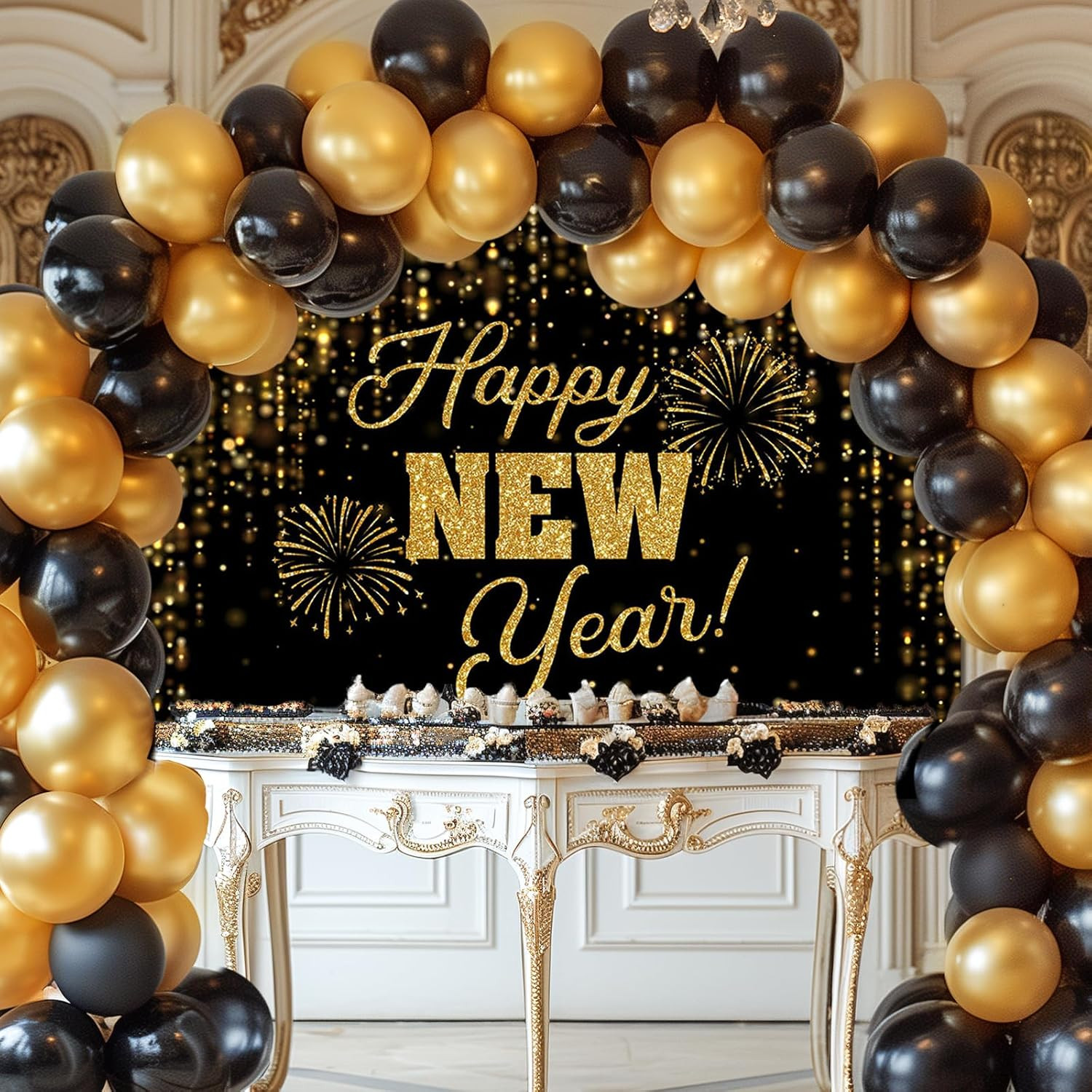 Happy New Year Backdrop Black Gold New Years Background 2026 New Years Eve Party
