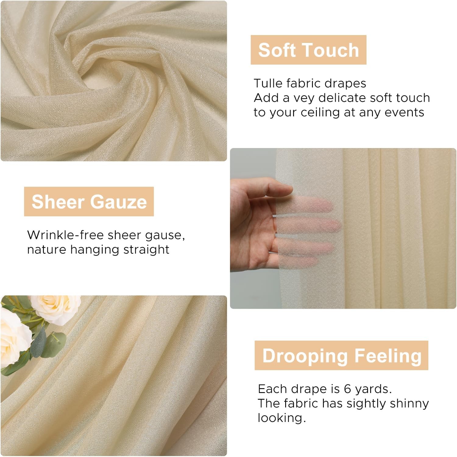 Wedding Arch Draping Fabric 2 Panels 28.7″ x 20FT Champagne Drapes Sheer Fabr…