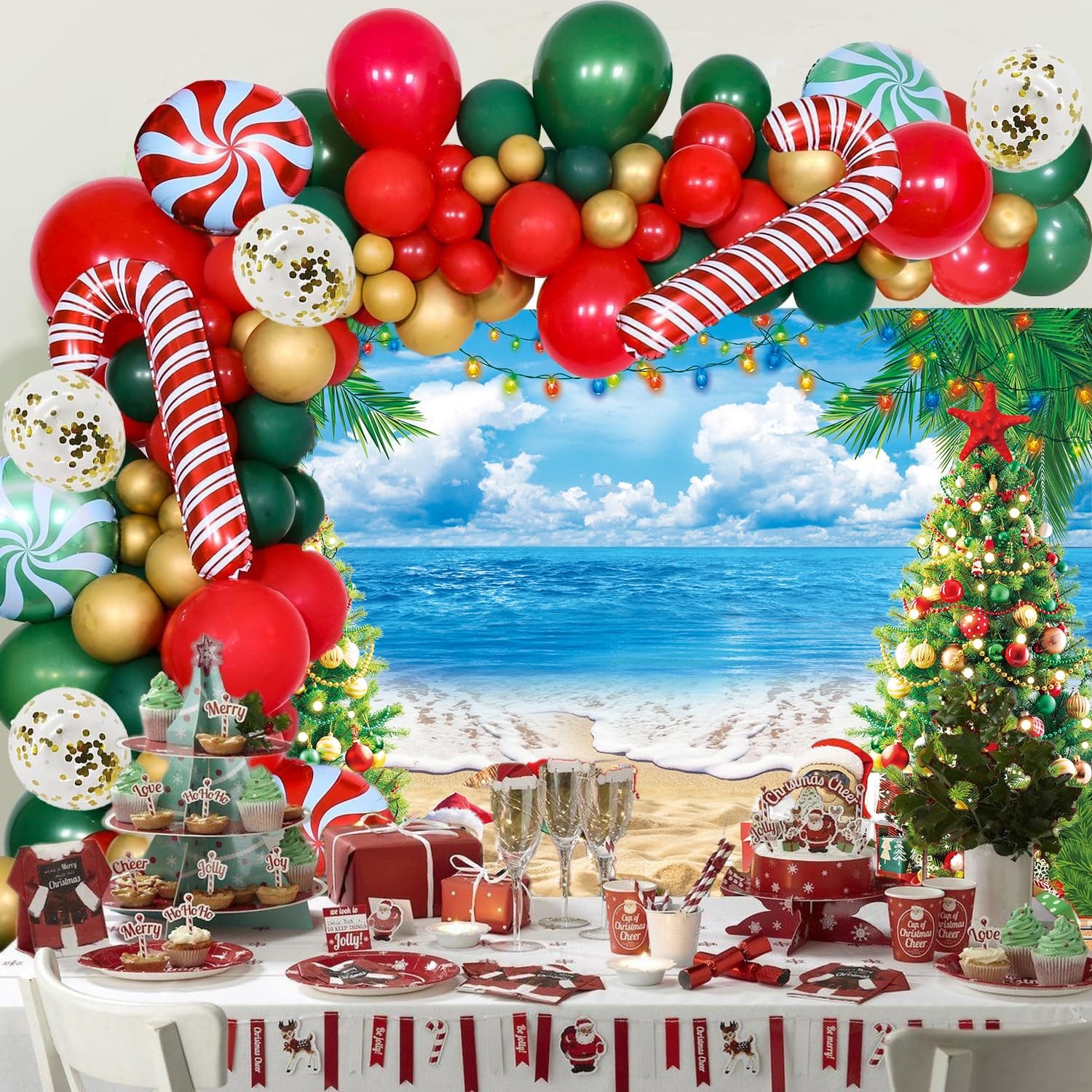 July Christmas Summer Beach Tropical Hawaiian Photo Backdrop 8x6ft Mat Set