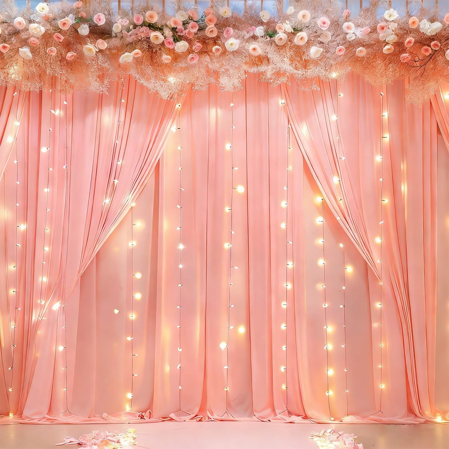 Dusty Pink Polyester Party Backdrop Curtains Drapes With Lights 10x10ft 2PK