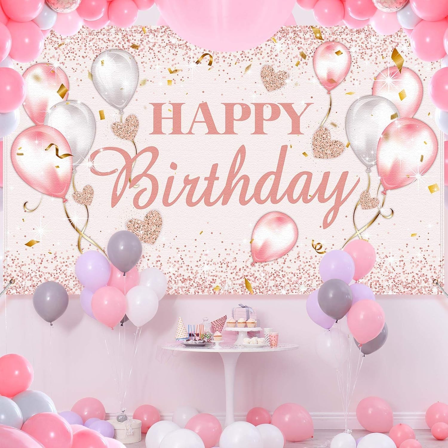 Pink and Rose Gold Happy Birthday Party Decorations Supplies Birthday Party Back