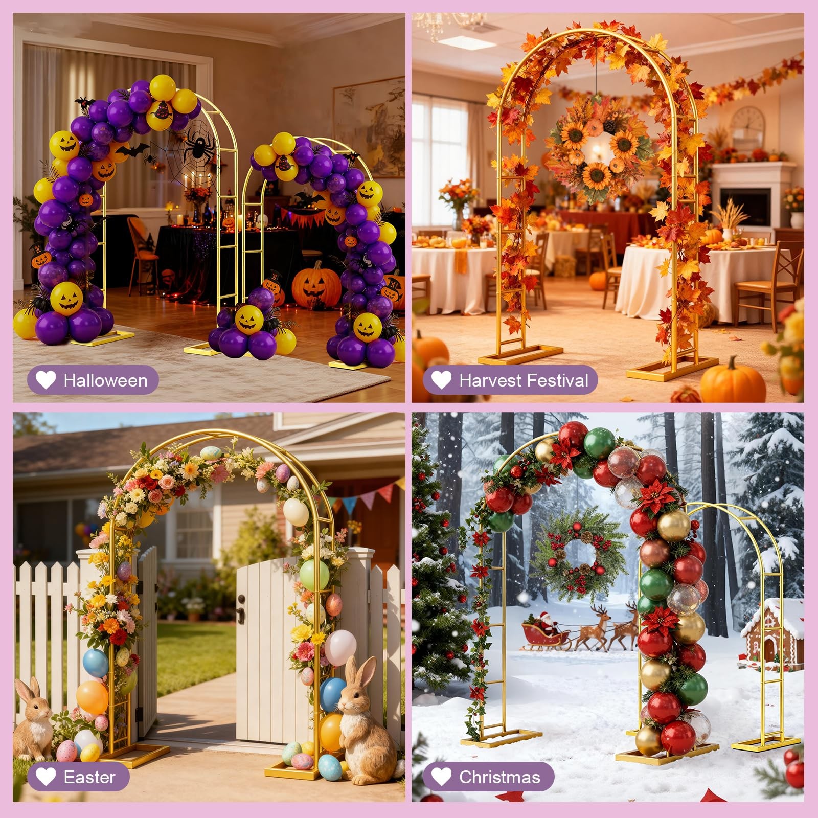 Metal Garden Arch Trellis Arbor Set of 2, 7.2FT+6FT Wedding Arch Stand with S…