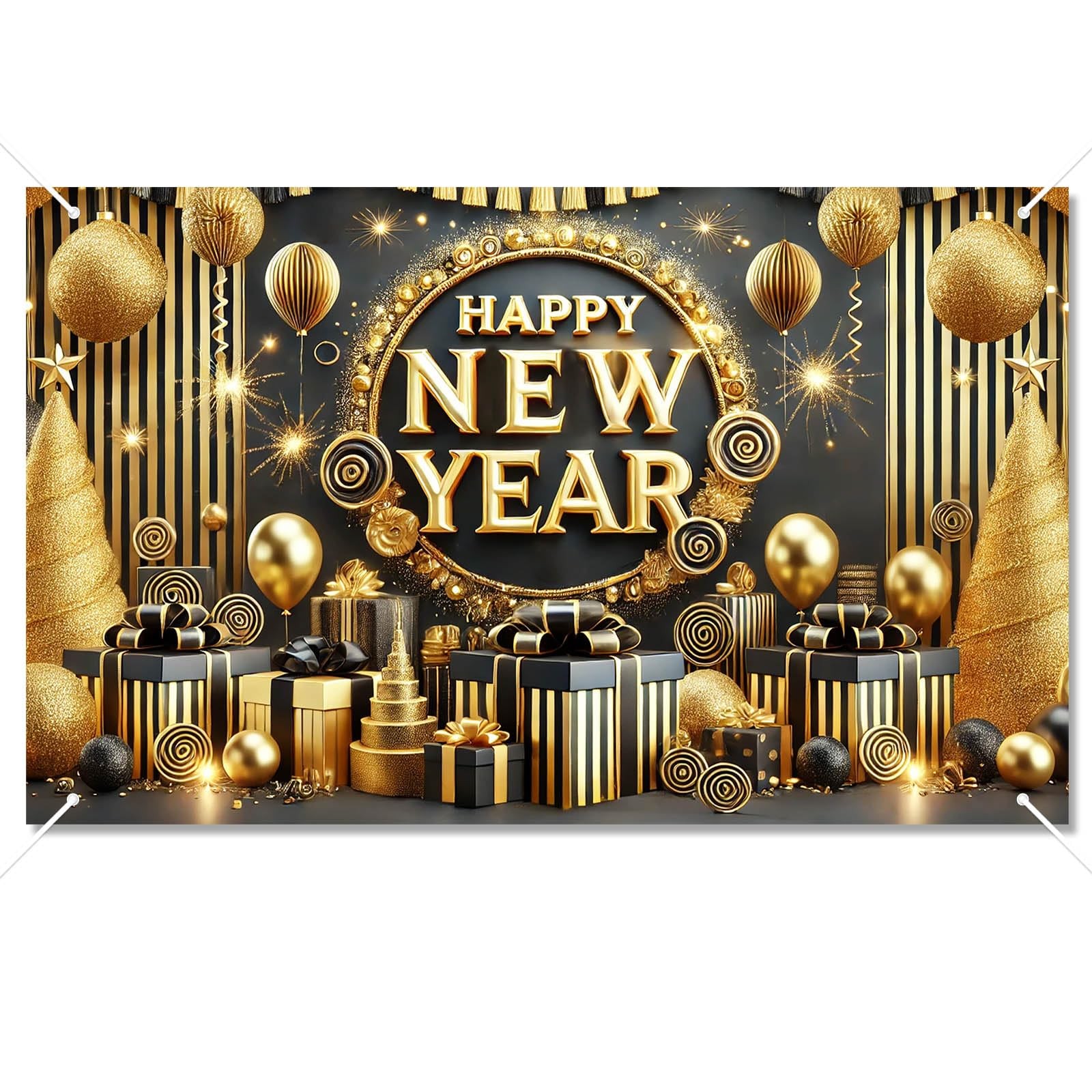 Black Gold Happy New Year Backdrop Luxury Fireworks Celebration Background