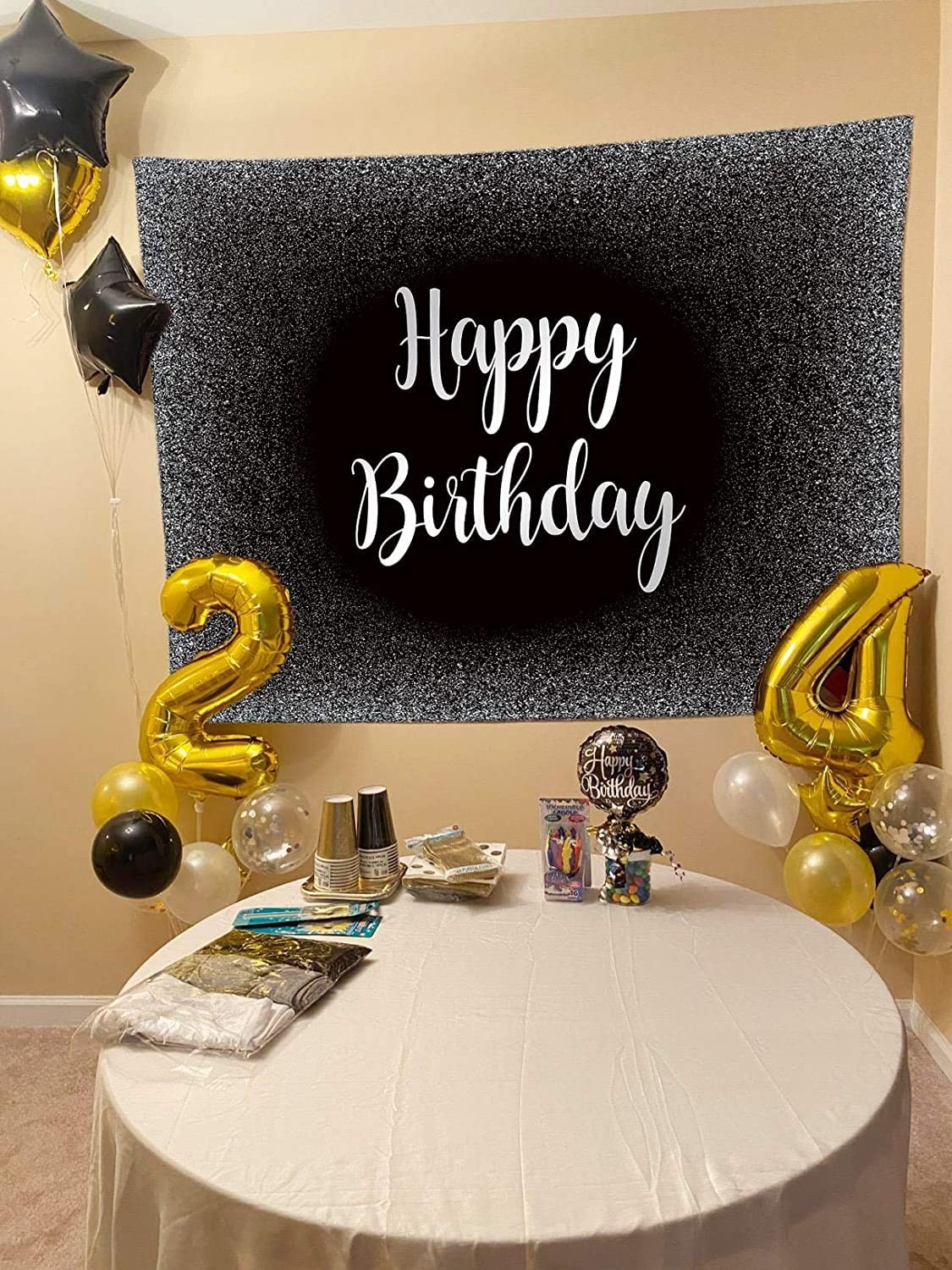 Black and Silver Happy Birthday Backdrop Fathers Day Grey Glitter Photography…