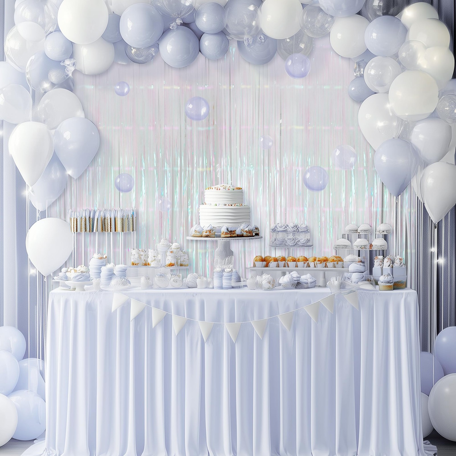 2 Pack White Iridescent Streamers Backdrop, 3.3×6.6ft Foil 2 Pack,