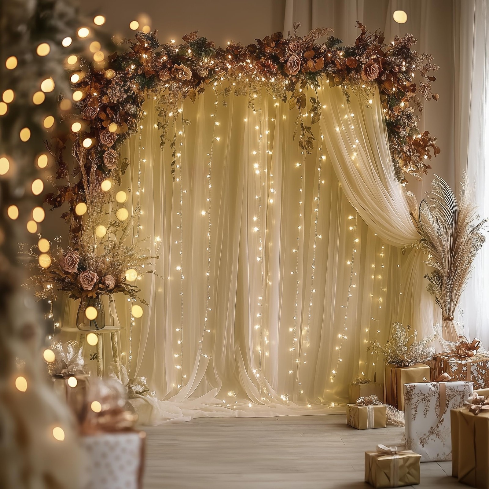 Tulle Backdrop Curtain with Lights String 10FT X 10FT Champagne Sheer Tulle B…