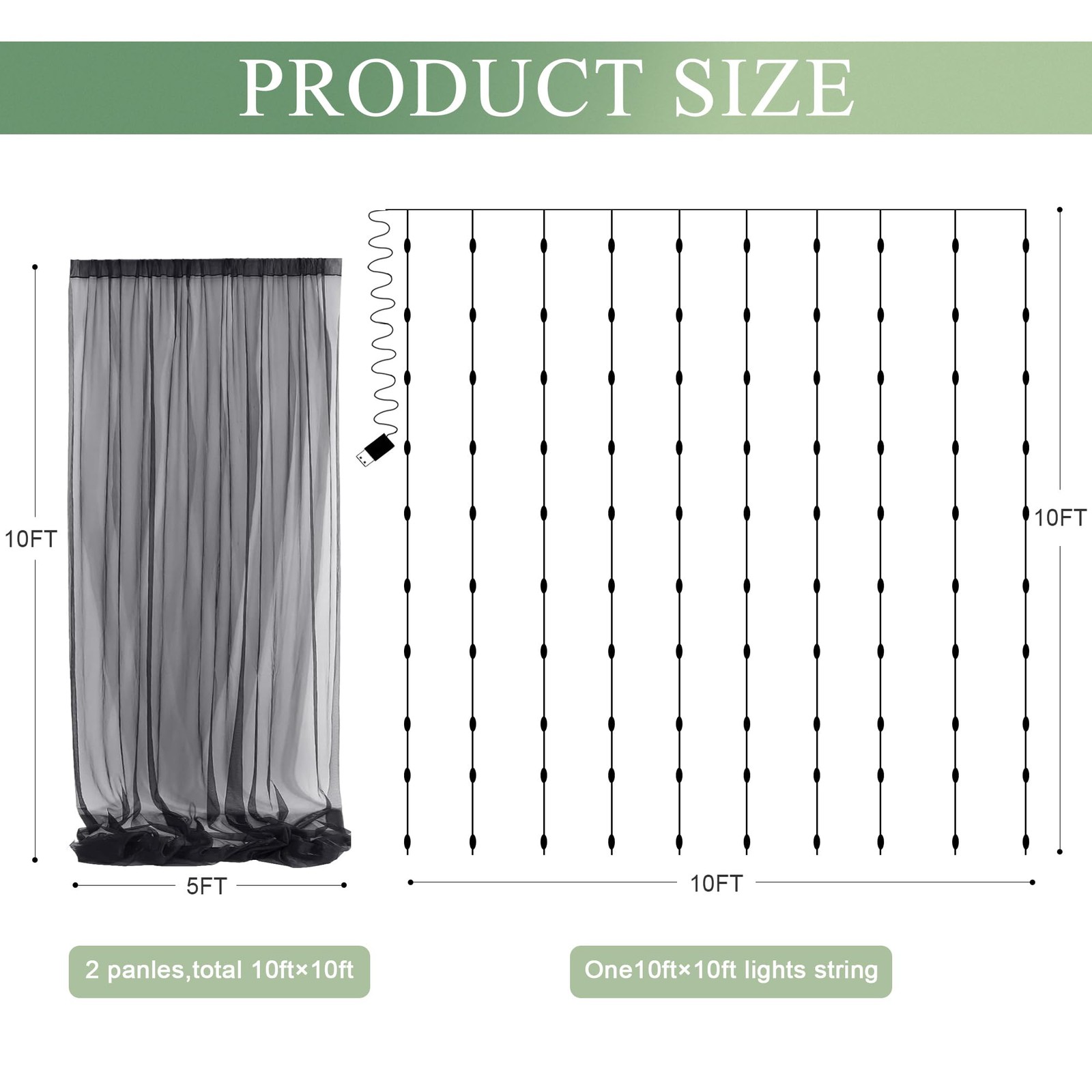 2 Panels 5×10 Ft Black Sheer Tulle Backdrop Curtain String Lights 10×10 Ft Set