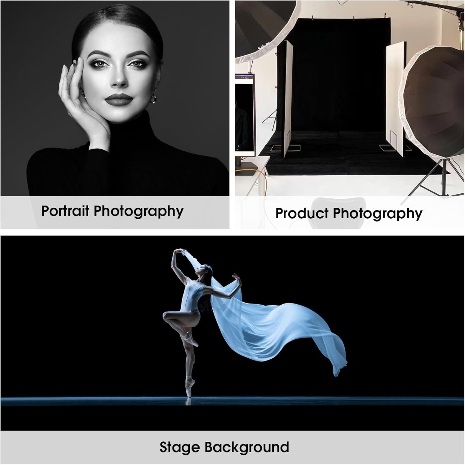 10x20ft Black Backdrop for Photography, Dual-Size Dual-Pocket Design Photo Bo…