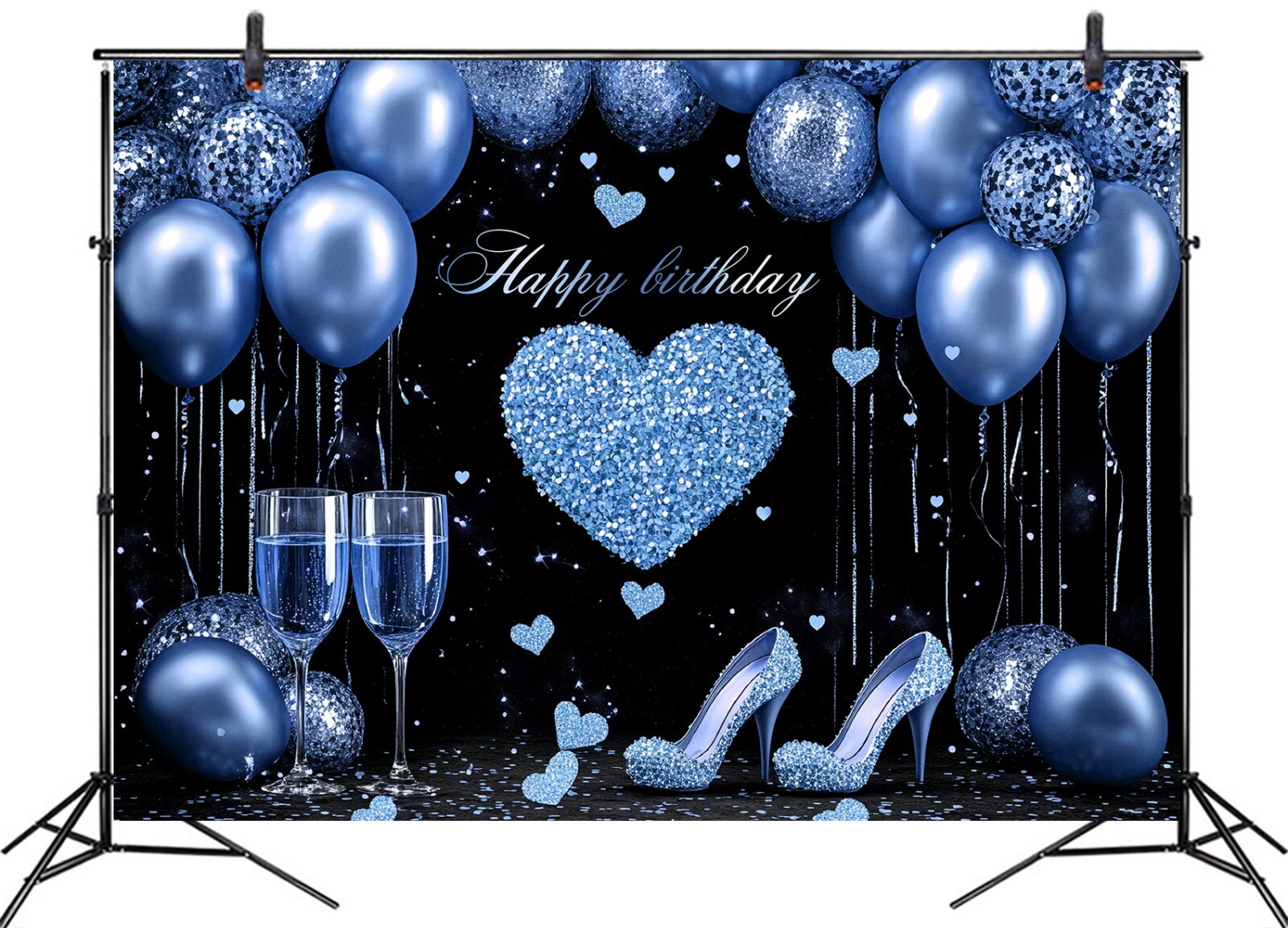 10x8ft Blue High Heels Love Heart Birthday Black Photo Background Studio Props