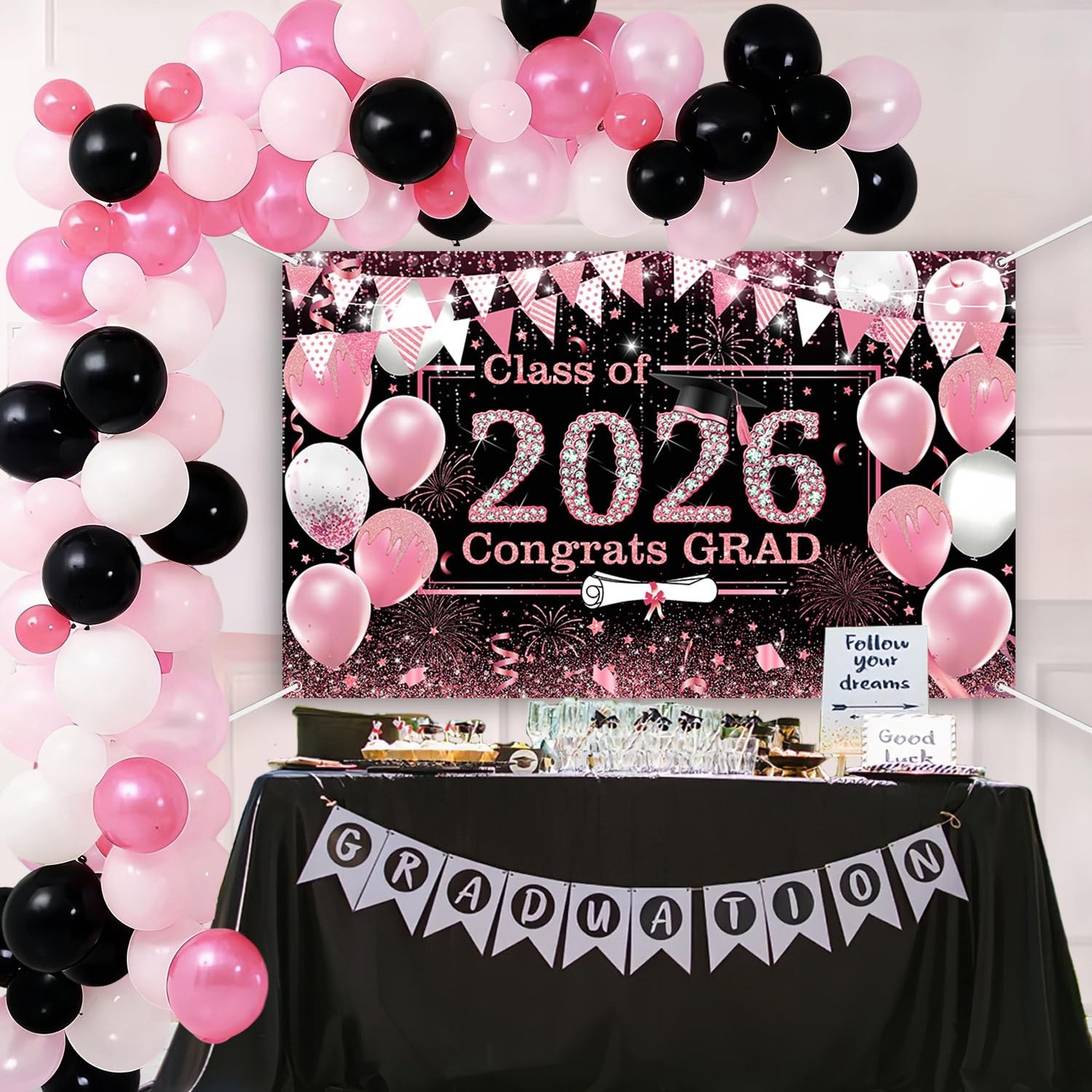 Pink Graduation Backdrop Decorations 2026 Pink Graduation Bnner Class of 2026…